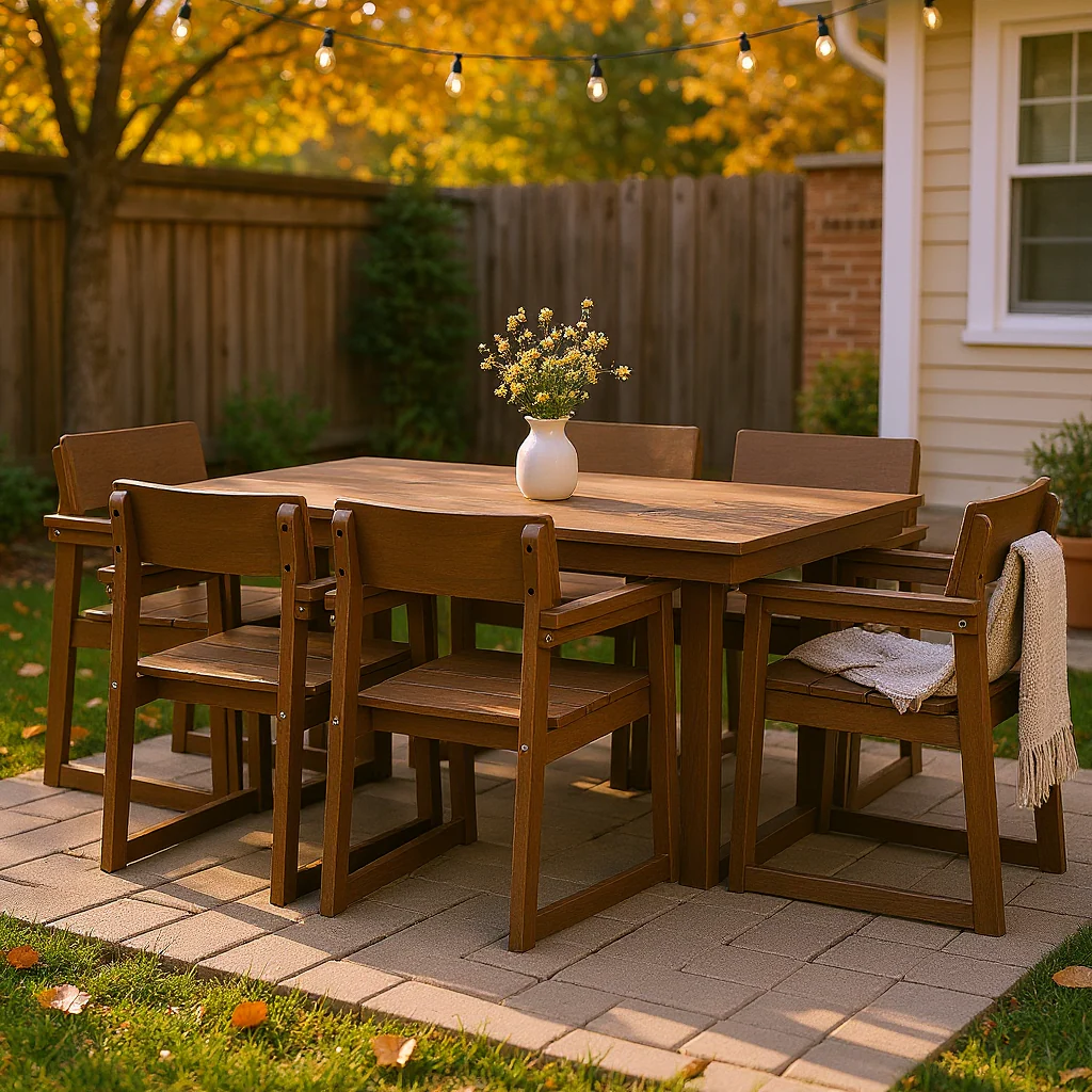 7-Piece HDPE Outdoor Dining Set for 6 – Weather-Resistant Patio Table with Umbrella Hole and 6 Armrest Chairs (Brown)