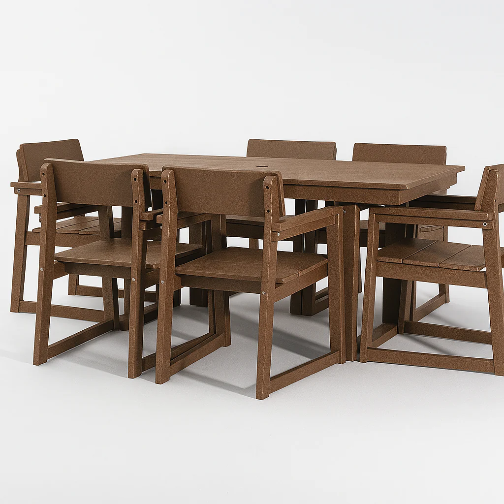 7-Piece HDPE Outdoor Dining Set for 6 – Weather-Resistant Patio Table with Umbrella Hole and 6 Armrest Chairs (Brown) - Image 3