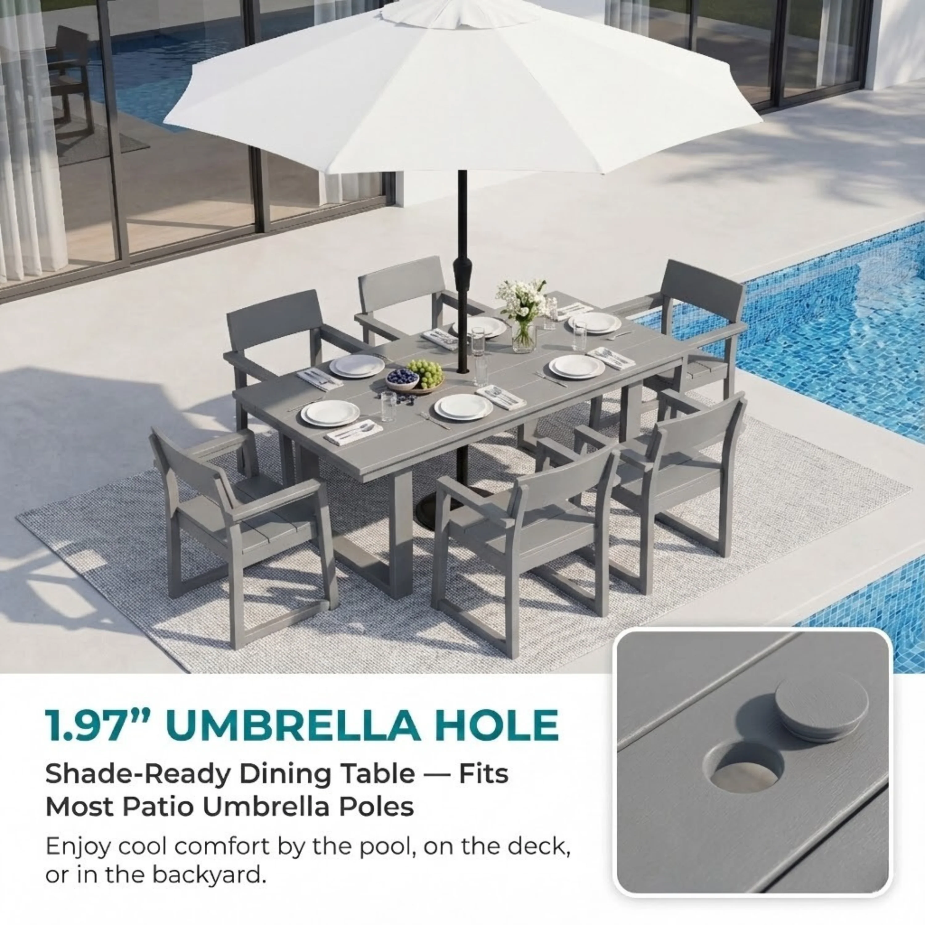 7-Piece HDPE Outdoor Dining Set for 6 – Weather-Resistant Patio Table with Umbrella Hole (Grey) - Image 2