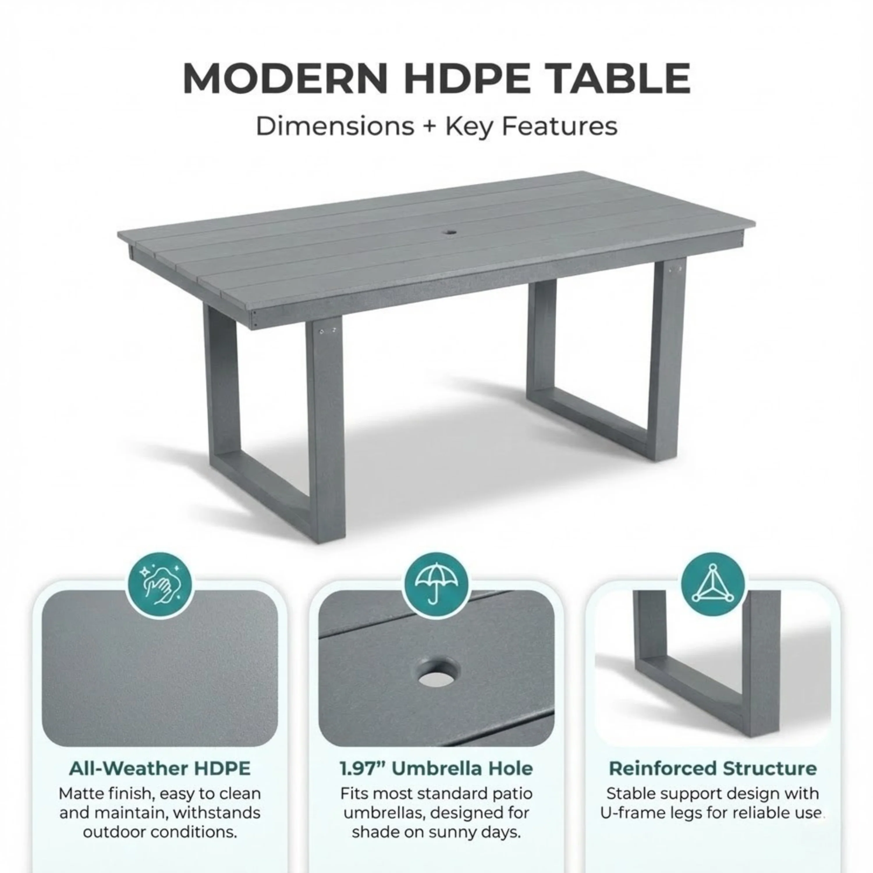 7-Piece HDPE Outdoor Dining Set for 6 – Weather-Resistant Patio Table with Umbrella Hole (Grey) - Image 4