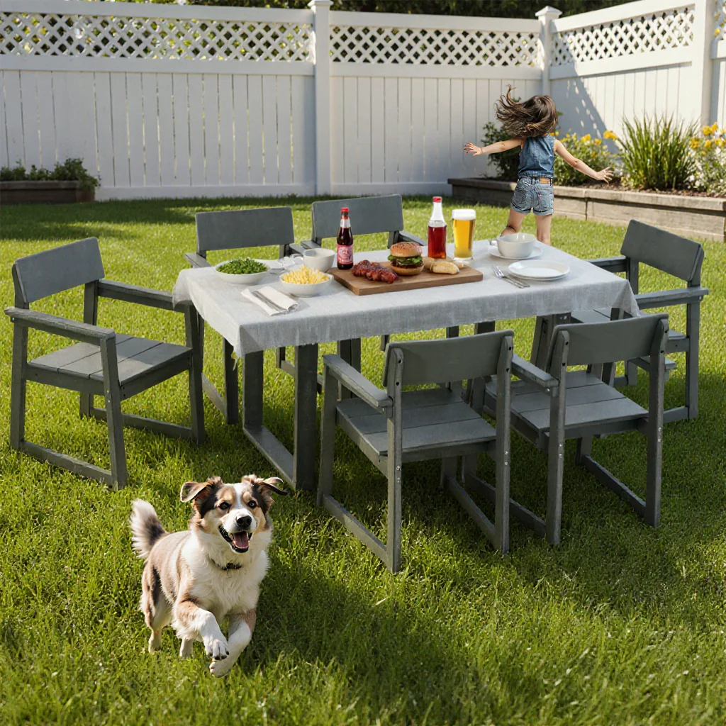 7-Piece HDPE Outdoor Dining Set for 6 – Weather-Resistant Patio Table with Umbrella Hole (Grey) - Image 6