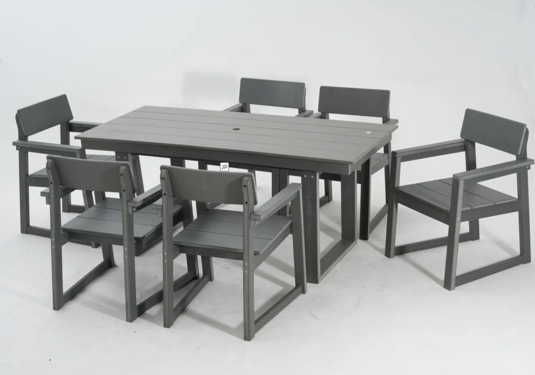 7-Piece HDPE Outdoor Dining Set for 6 – Weather-Resistant Patio Table with Umbrella Hole (Grey) - Image 7