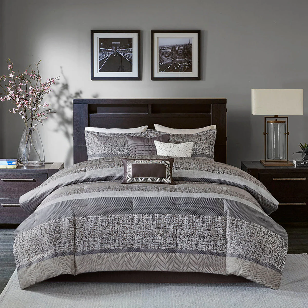 7 Piece Jacquard Comforter Set Grey/Taupe Queen - Image 2