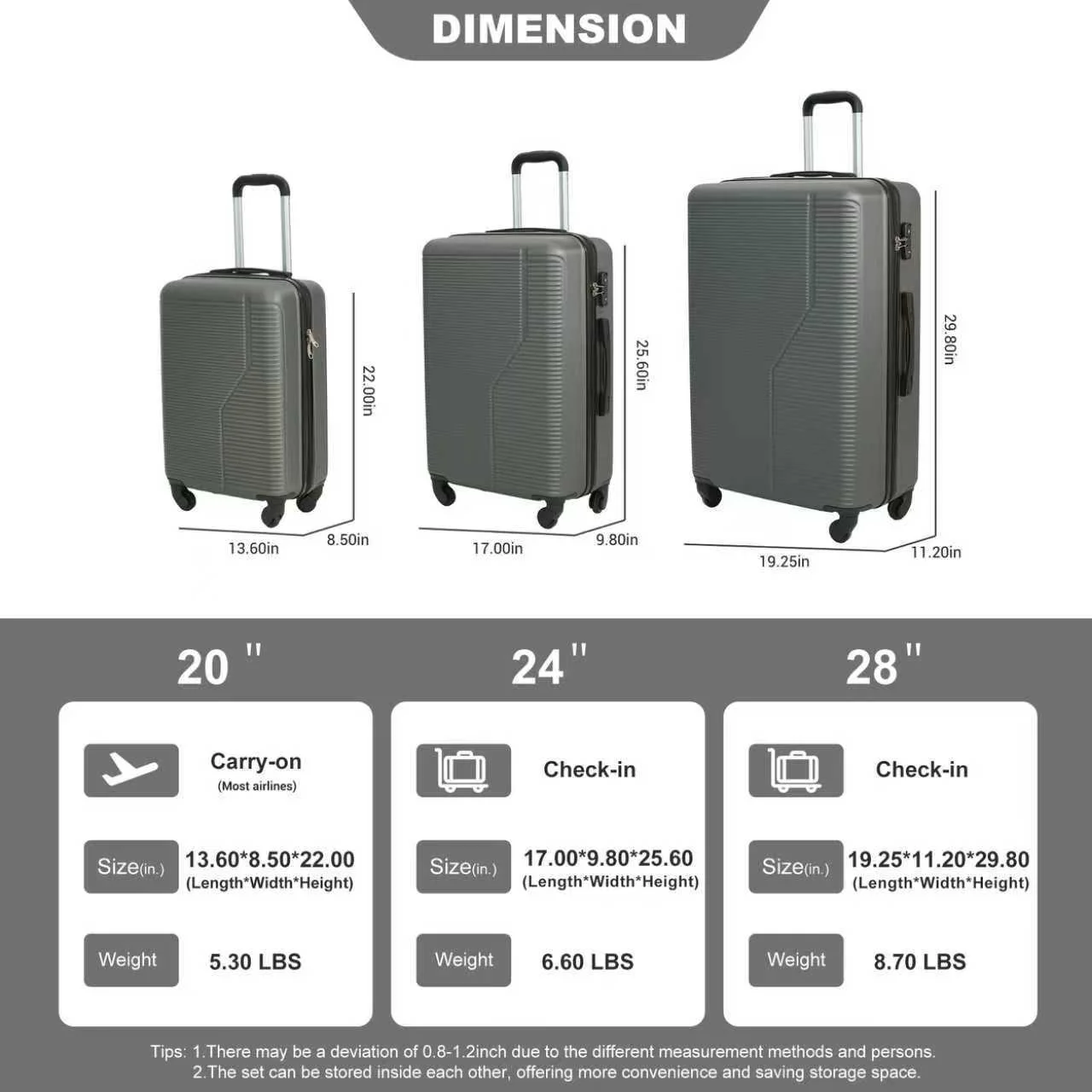 7-Piece Luggage Set ABS Lightweight & Durable Suitcase with Spinner Wheels TSA Lock (20/24/28) Dark Grey - Image 3