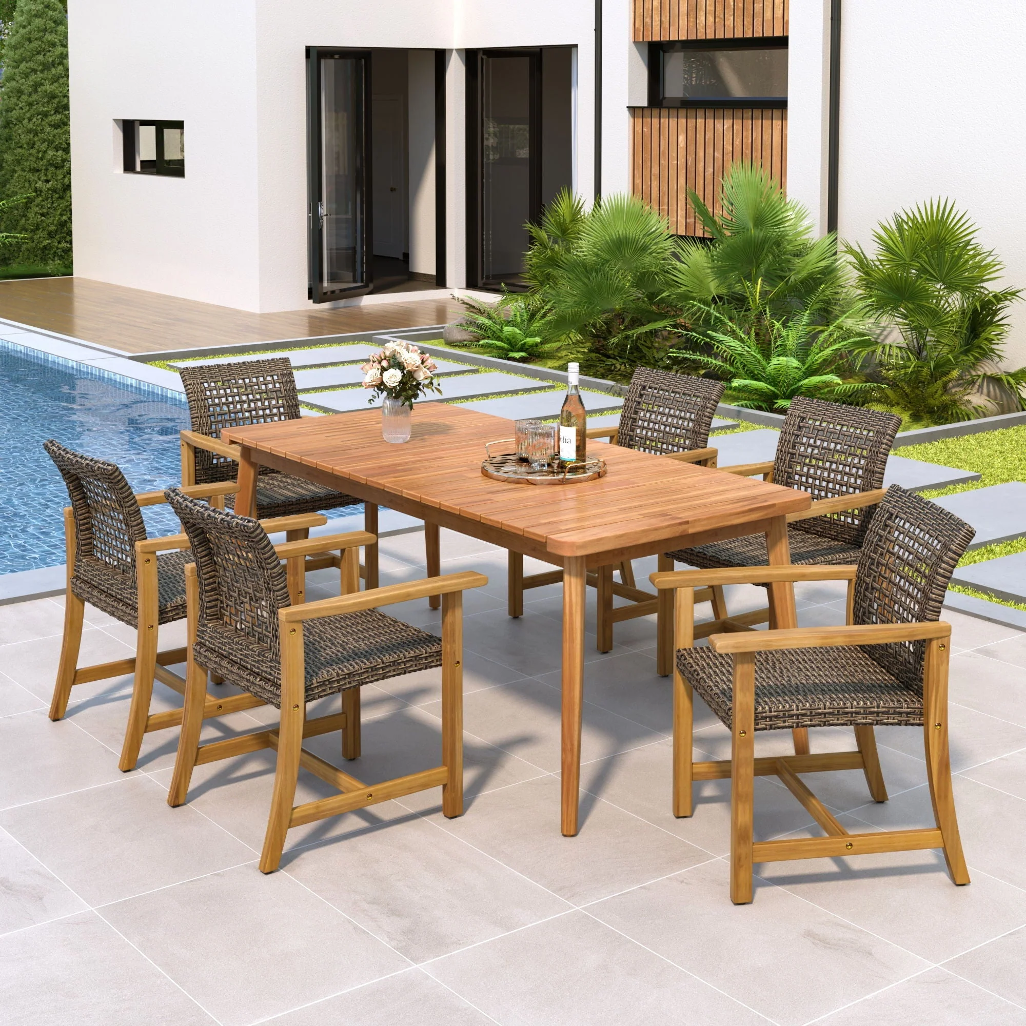 7 Piece Patio Dining Set, Slatted Table & 6 Chairs For Patio Garden - Mocha / Teak - Image 2