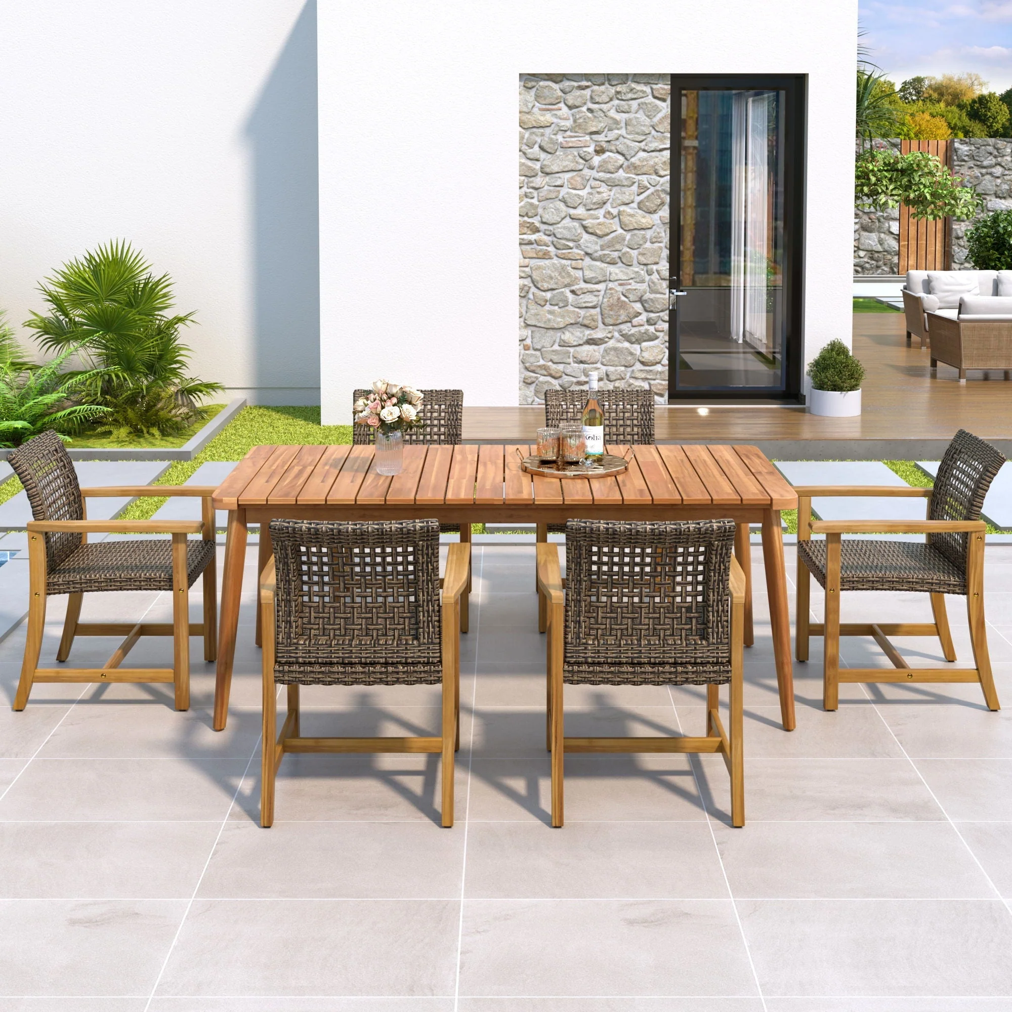 7 Piece Patio Dining Set, Slatted Table & 6 Chairs For Patio Garden - Mocha / Teak - Image 3