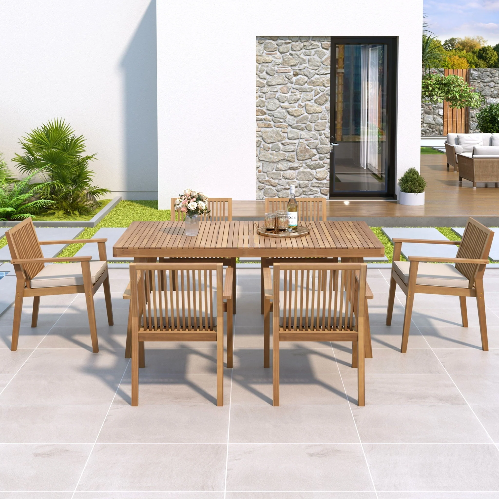 7 Piece Patio Furniture Set Acacia Wood Table and 6 Heavy Duty Cushioned Chairs - Image 3