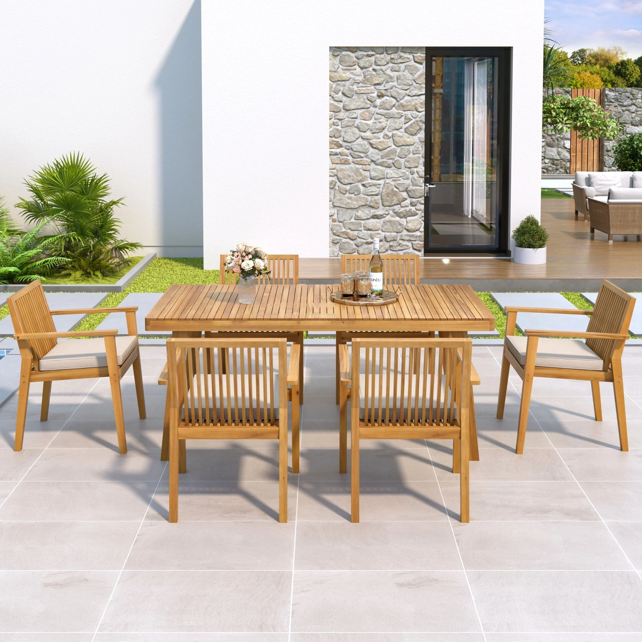 7 Piece Patio Furniture Set Acacia Wood Table and 6 Heavy Duty Cushioned Chairs - Image 4