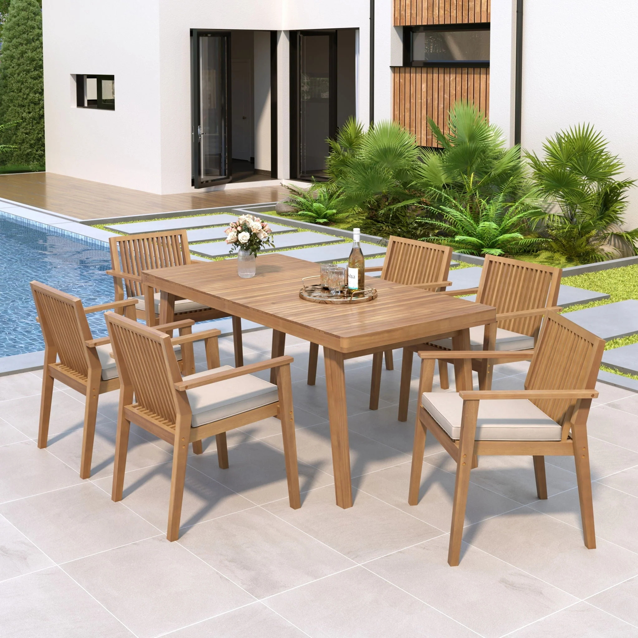 7 Piece Patio Furniture Set Acacia Wood Table and 6 Heavy Duty Cushioned Chairs - Image 5