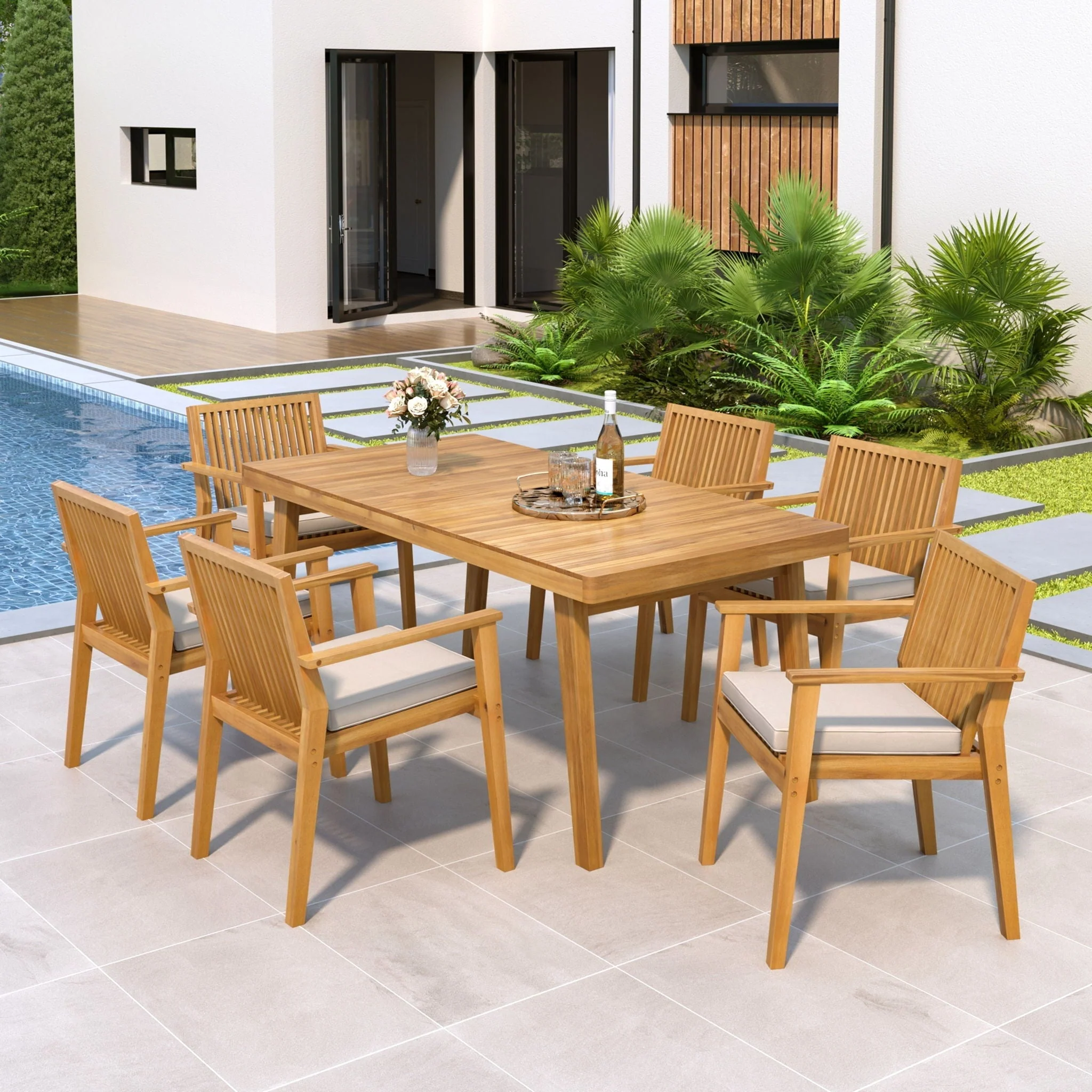 7 Piece Patio Furniture Set Acacia Wood Table and 6 Heavy Duty Cushioned Chairs - Image 7