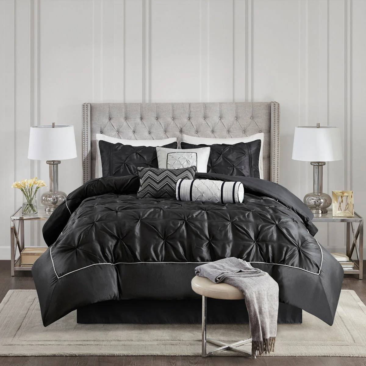 7 Piece Tufted Comforter Set Black Queen - Image 7