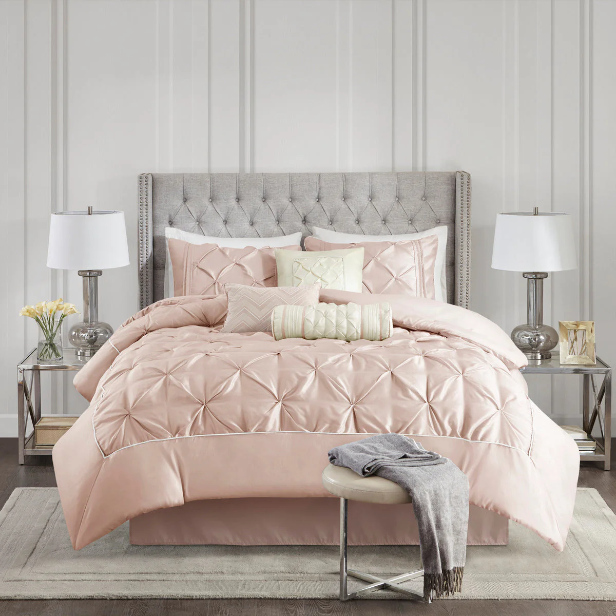 7 Piece Tufted Comforter Set Blush Cal King - Image 7