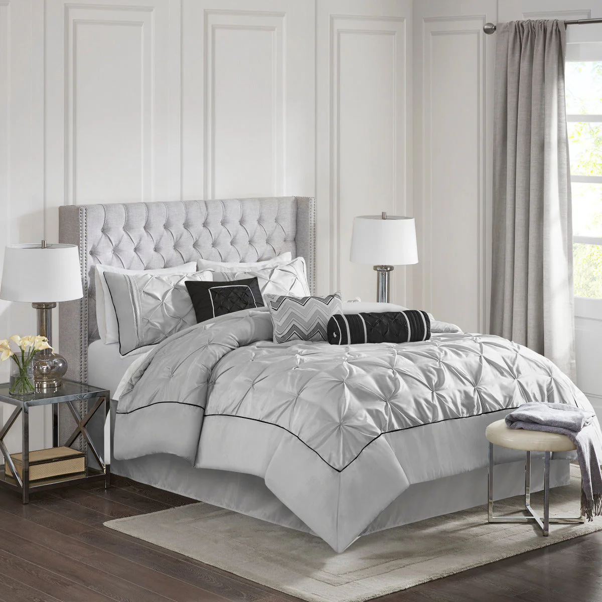 7 Piece Tufted Comforter Set Grey Queen