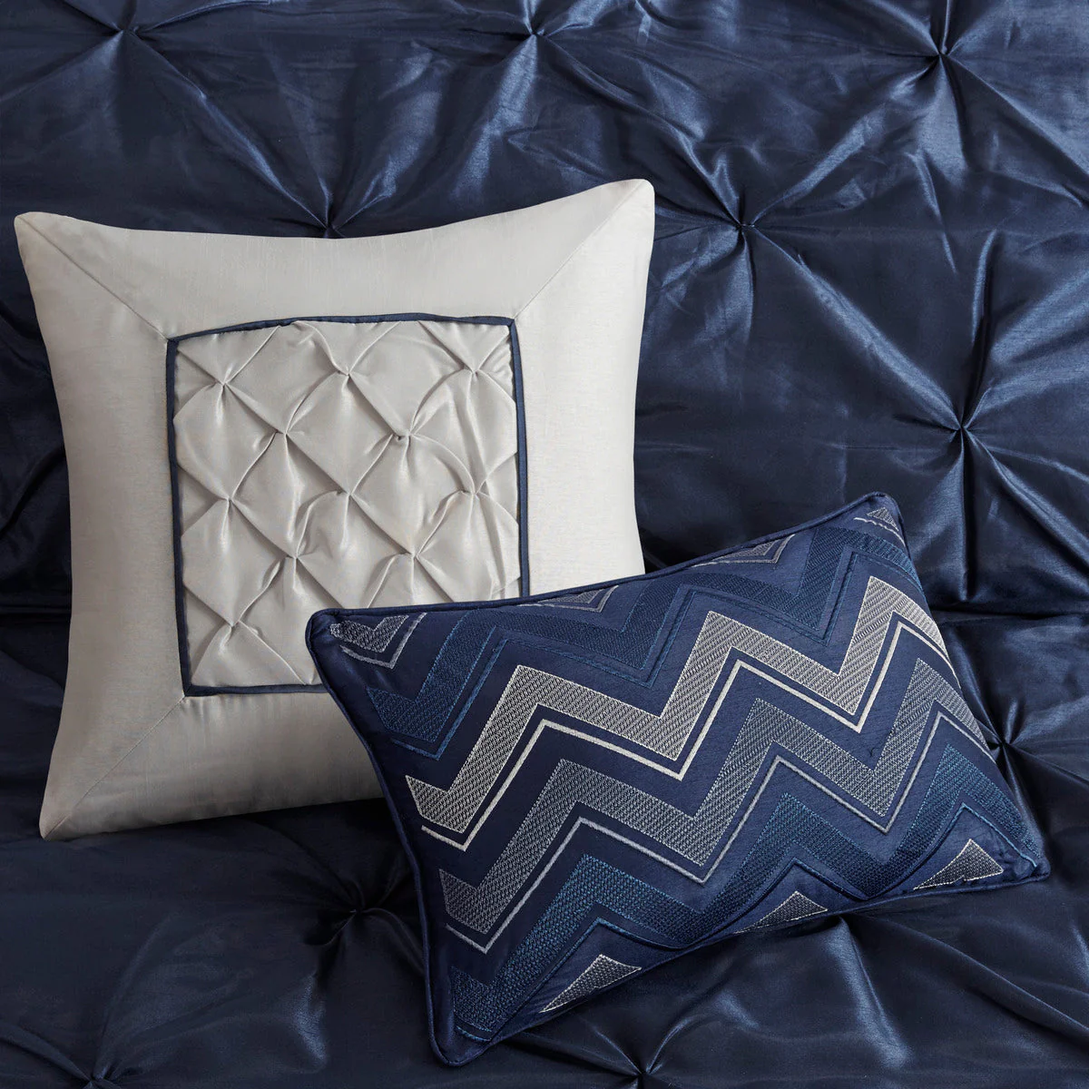 7 Piece Tufted Comforter Set Navy California King - Image 9