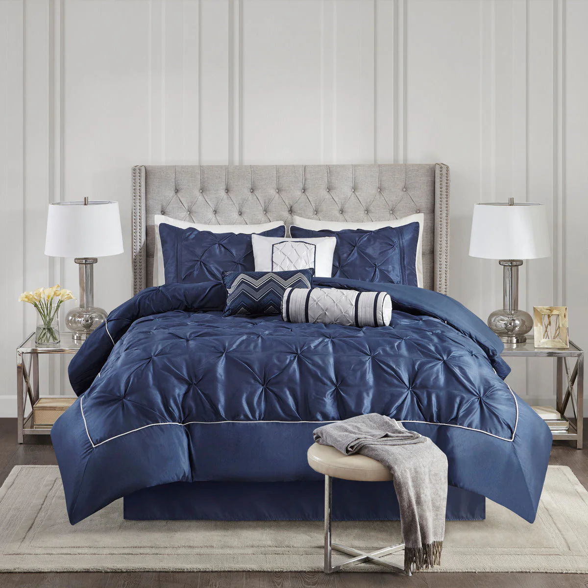 7 Piece Tufted Comforter Set Navy King - Image 3