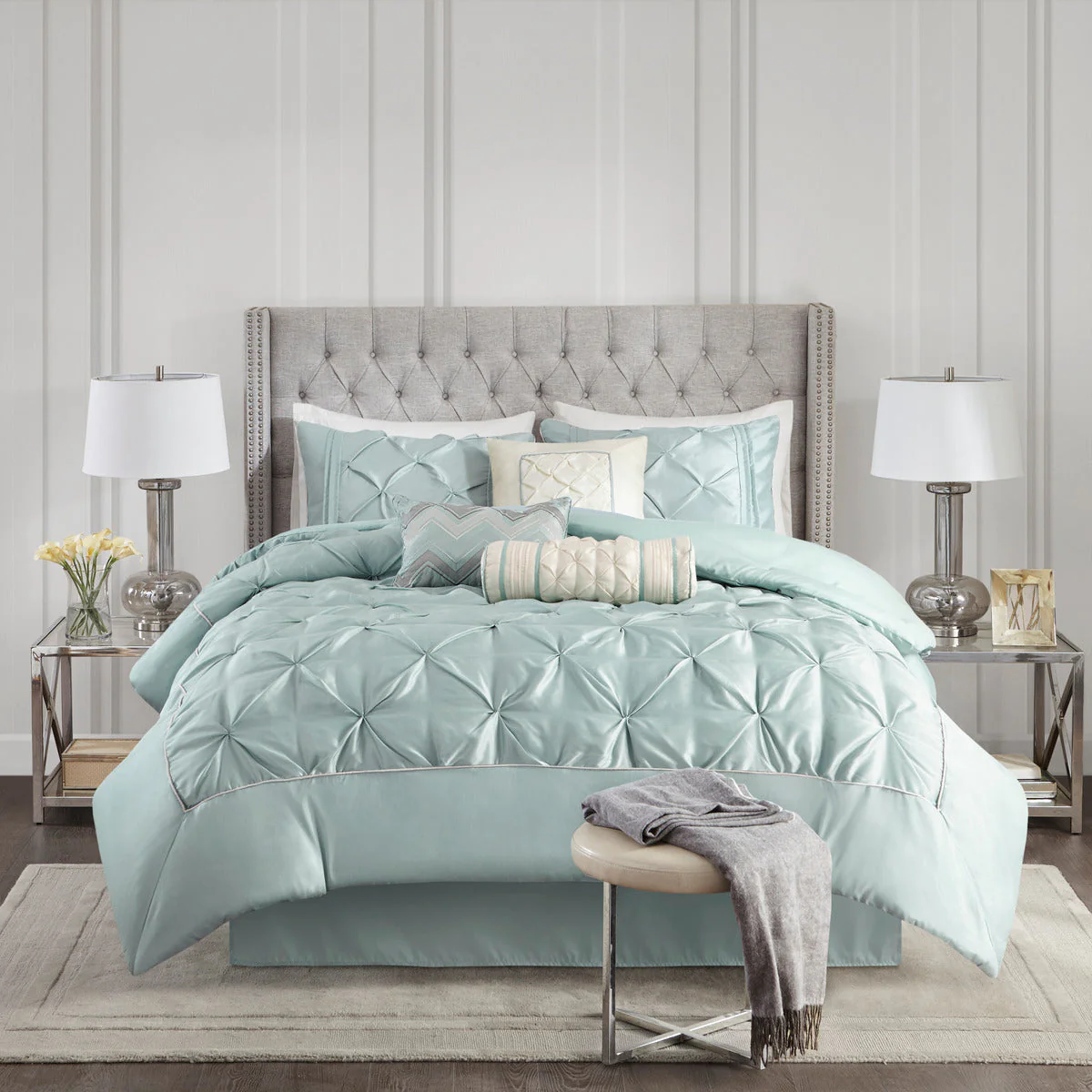 7 Piece Tufted Comforter Set Seafoam King - Image 7