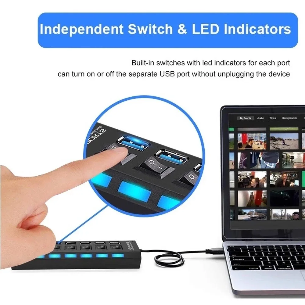 7 Port USB Hub with Switch Powered USB Splitter for PC Laptop MacBook - Image 5