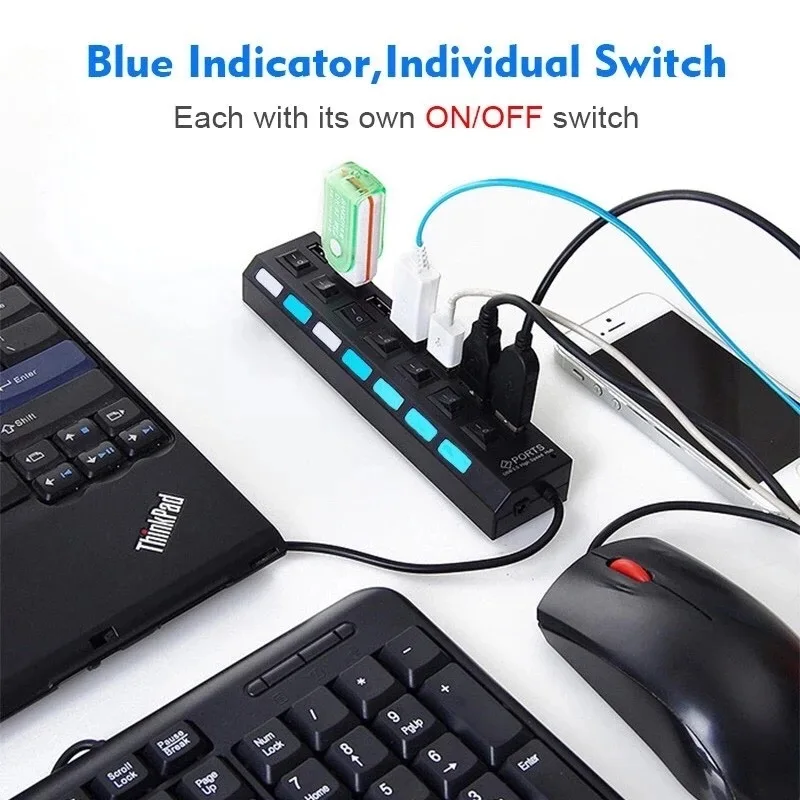 7 Port USB Hub with Switch Powered USB Splitter for PC Laptop MacBook - Image 6