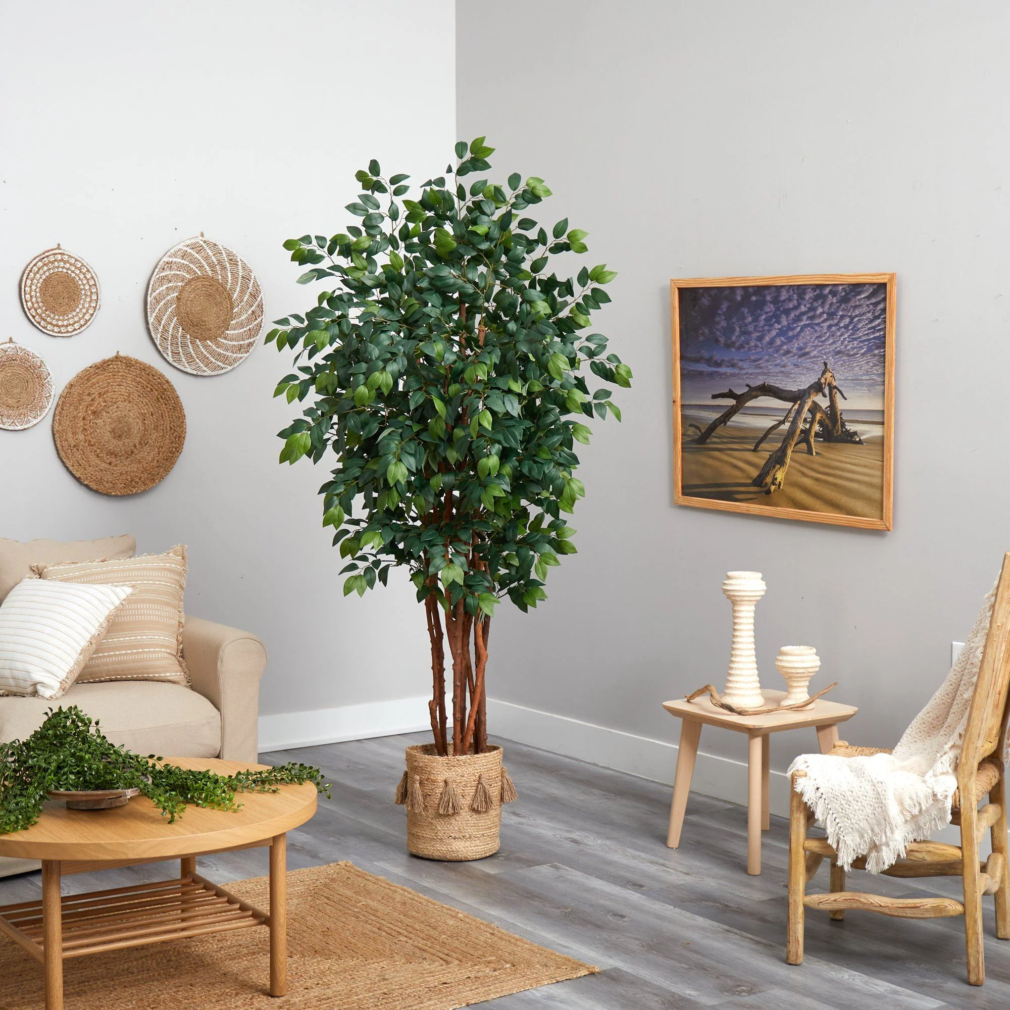 7’ Sakaki Artificial Tree in Handmade Natural Jute Planter with Tassels - Image 4