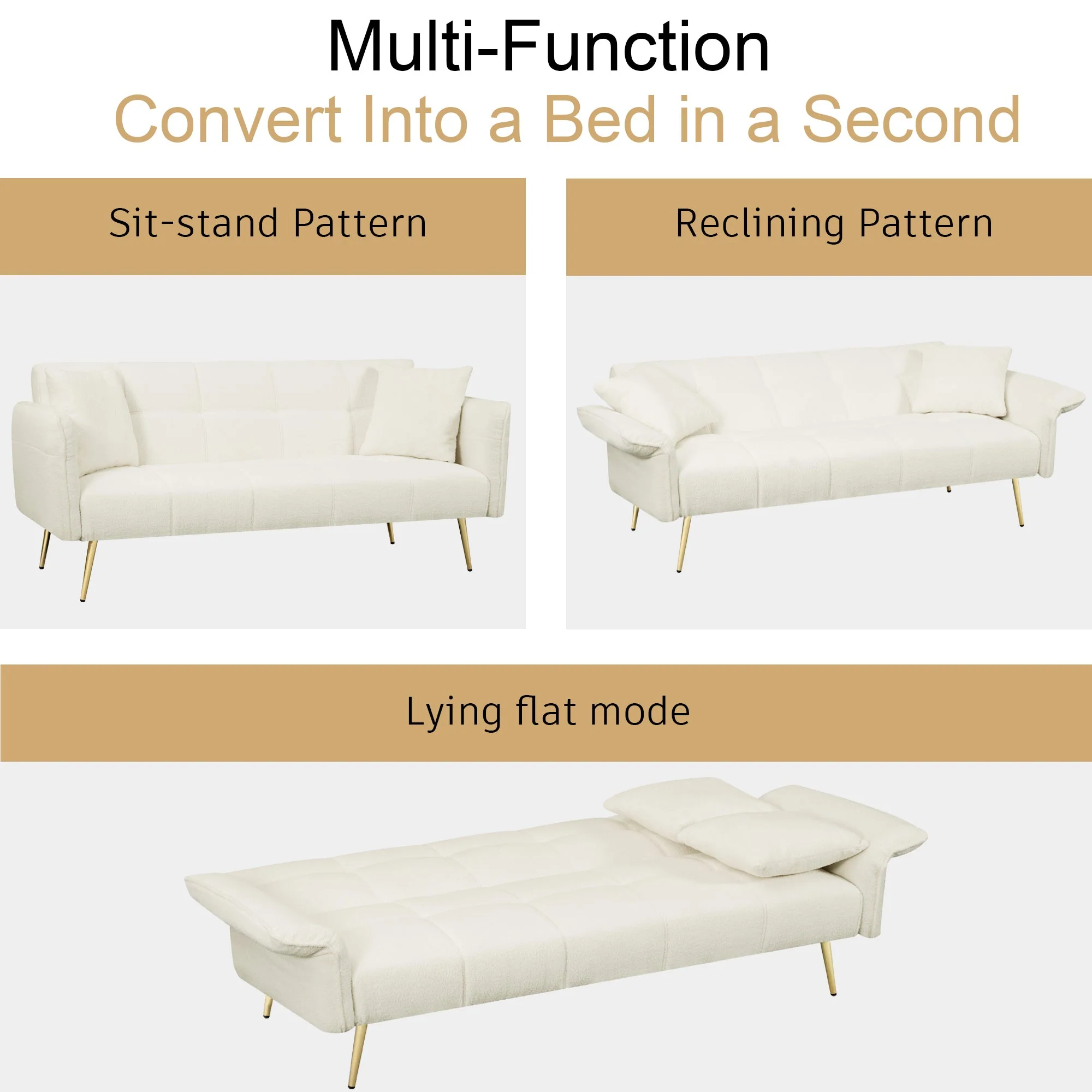 70.1" Futon Sofa Bed Convertible Double Sofa Bed with Folding Armrests - Image 3