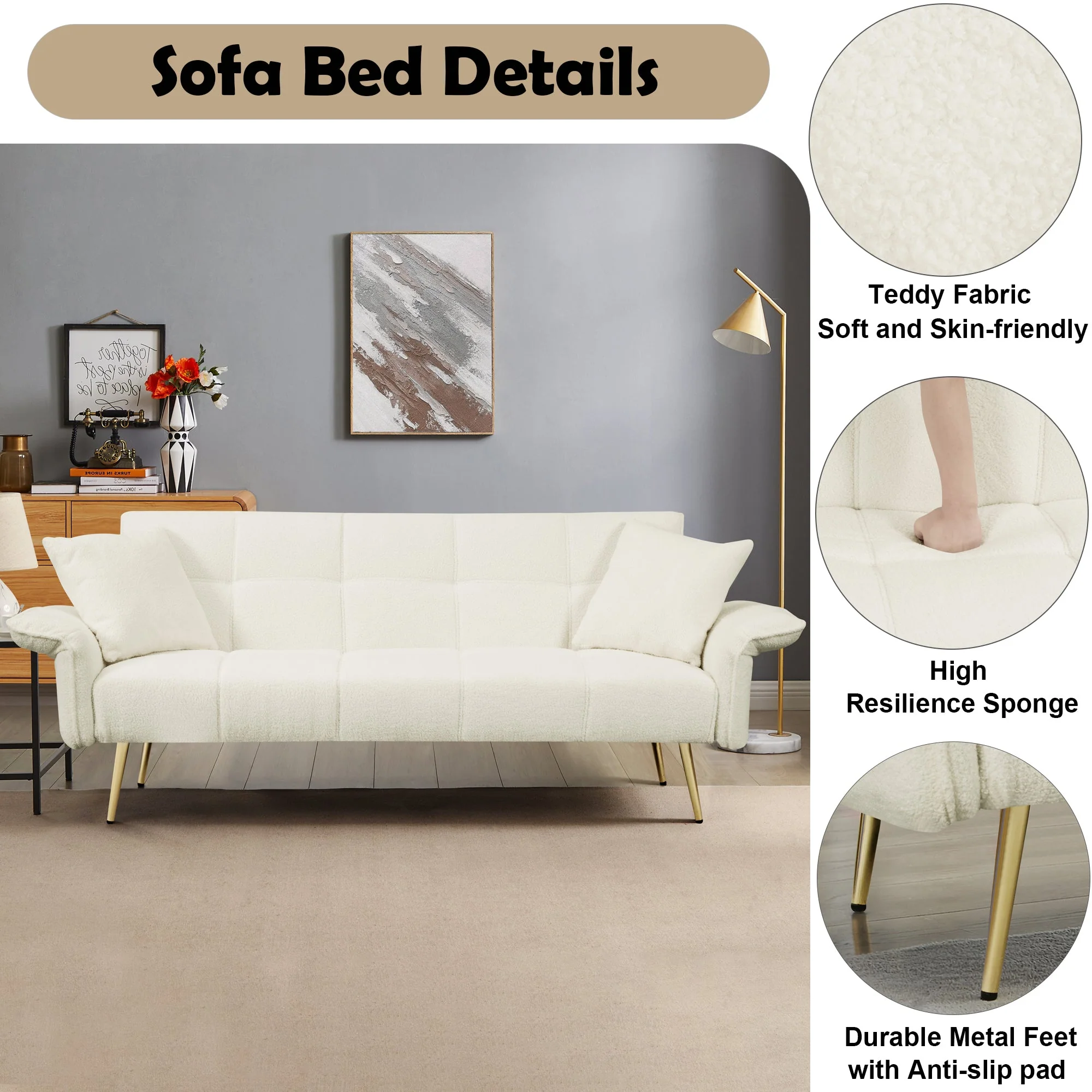 70.1" Futon Sofa Bed Convertible Double Sofa Bed with Folding Armrests - Image 4