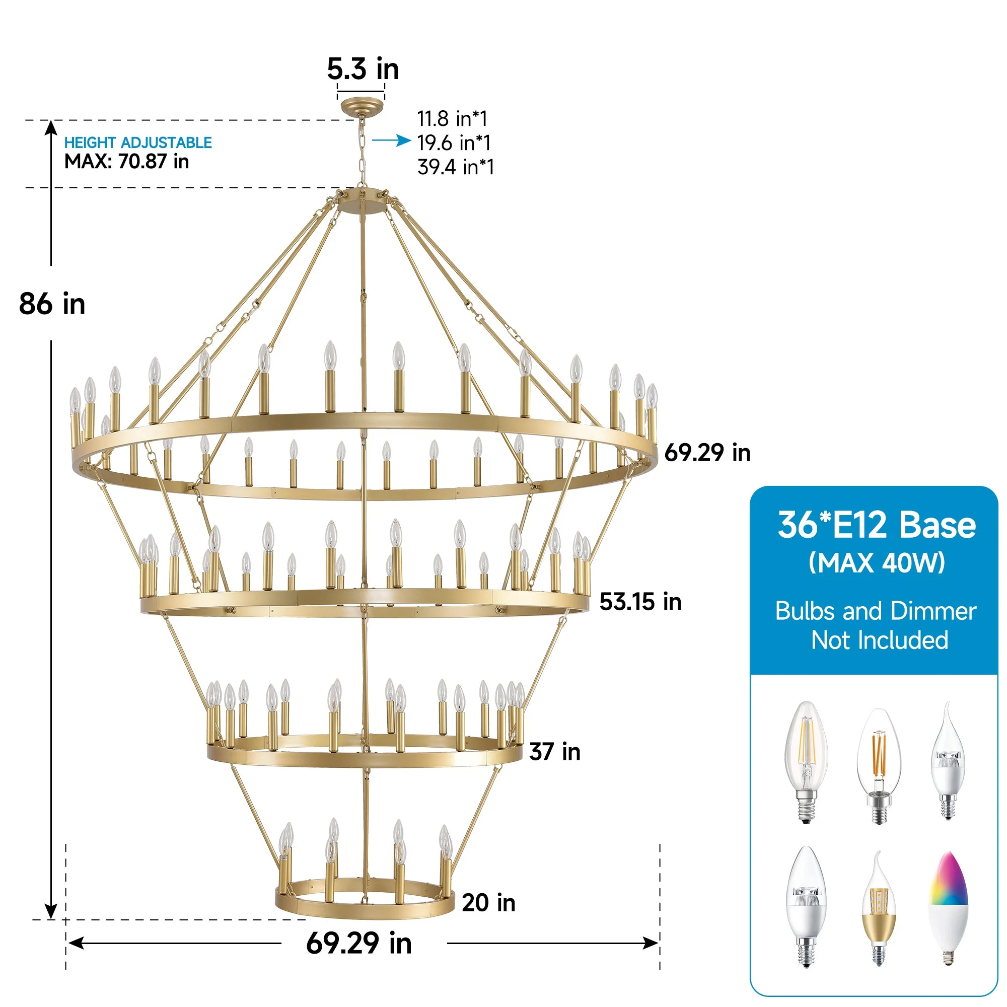 70.87 Inch 3-Tier Wagon Wheel Chandelier - Image 7