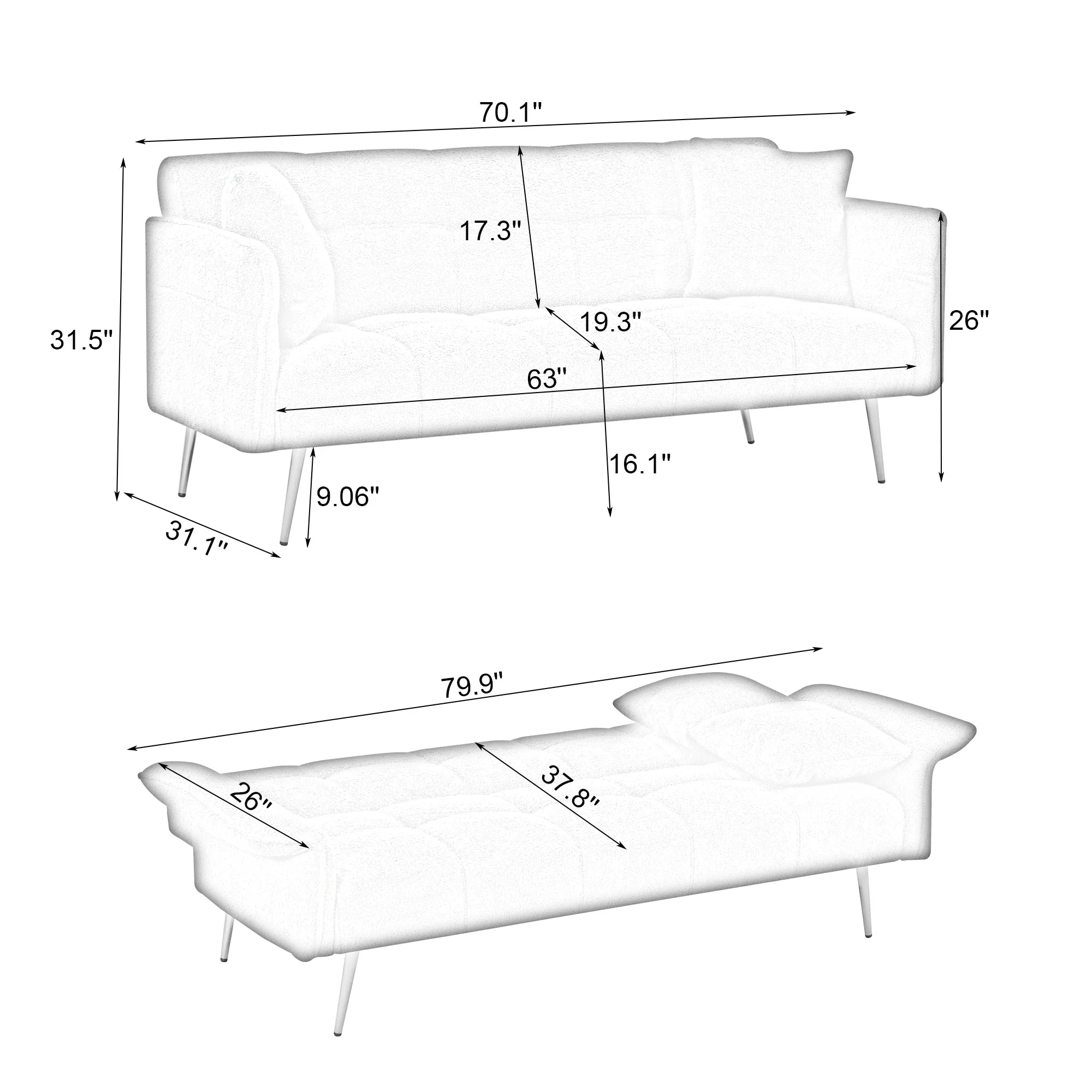 70-Inch Teddy Fleece Sofabed with Adjustable Arms and Backrest - Image 10
