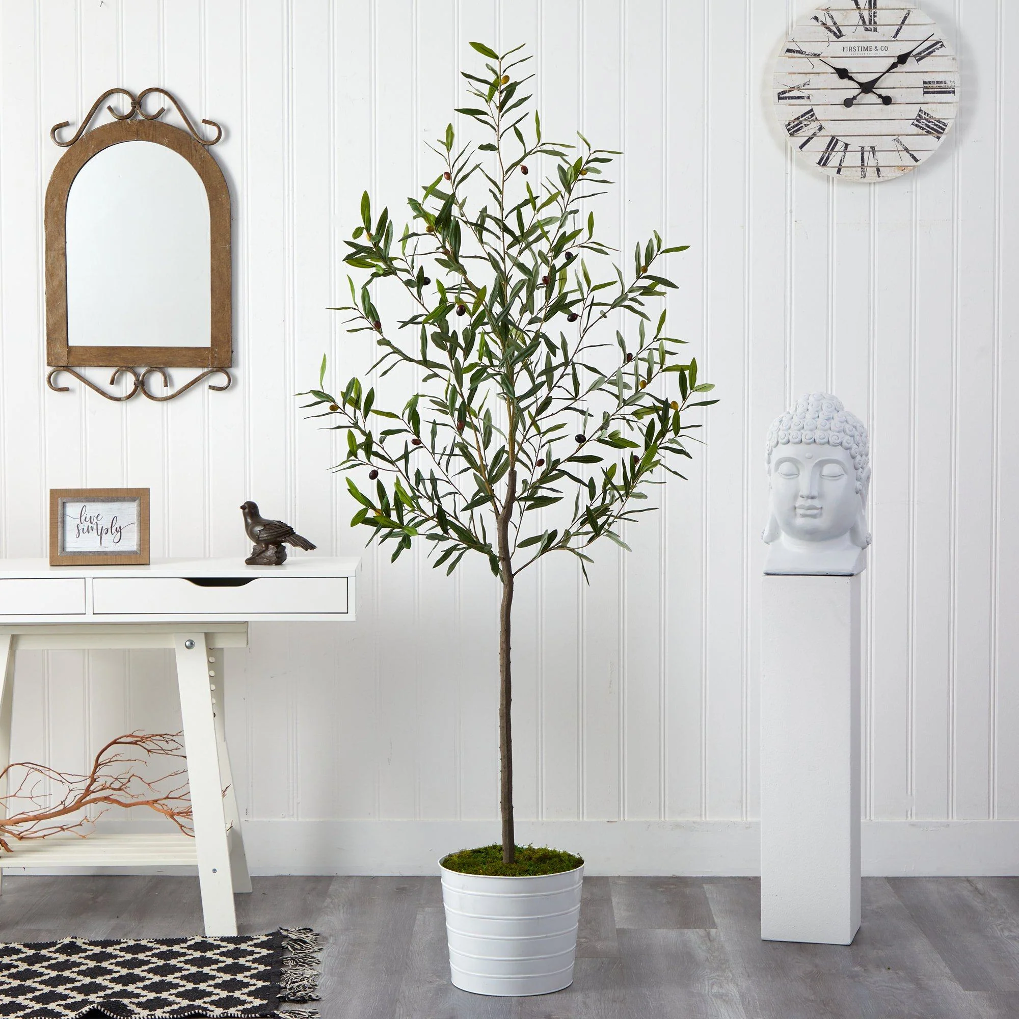 70” Olive Artificial Tree in White Tin Planter - Image 3