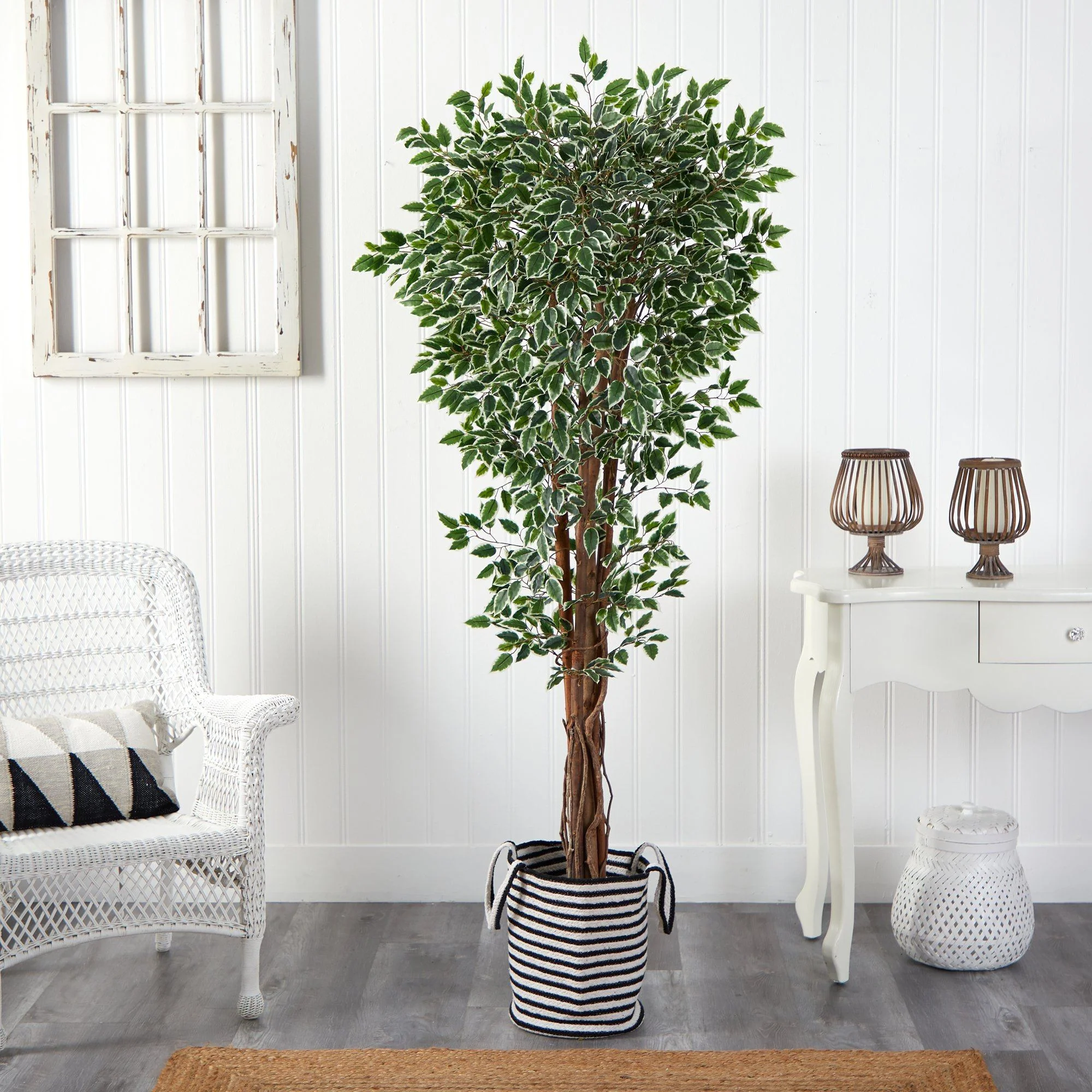 70” Variegated Ficus Tree in Handmade Black and White Natural Jute and Cotton Planter UV Resistant - Image 3