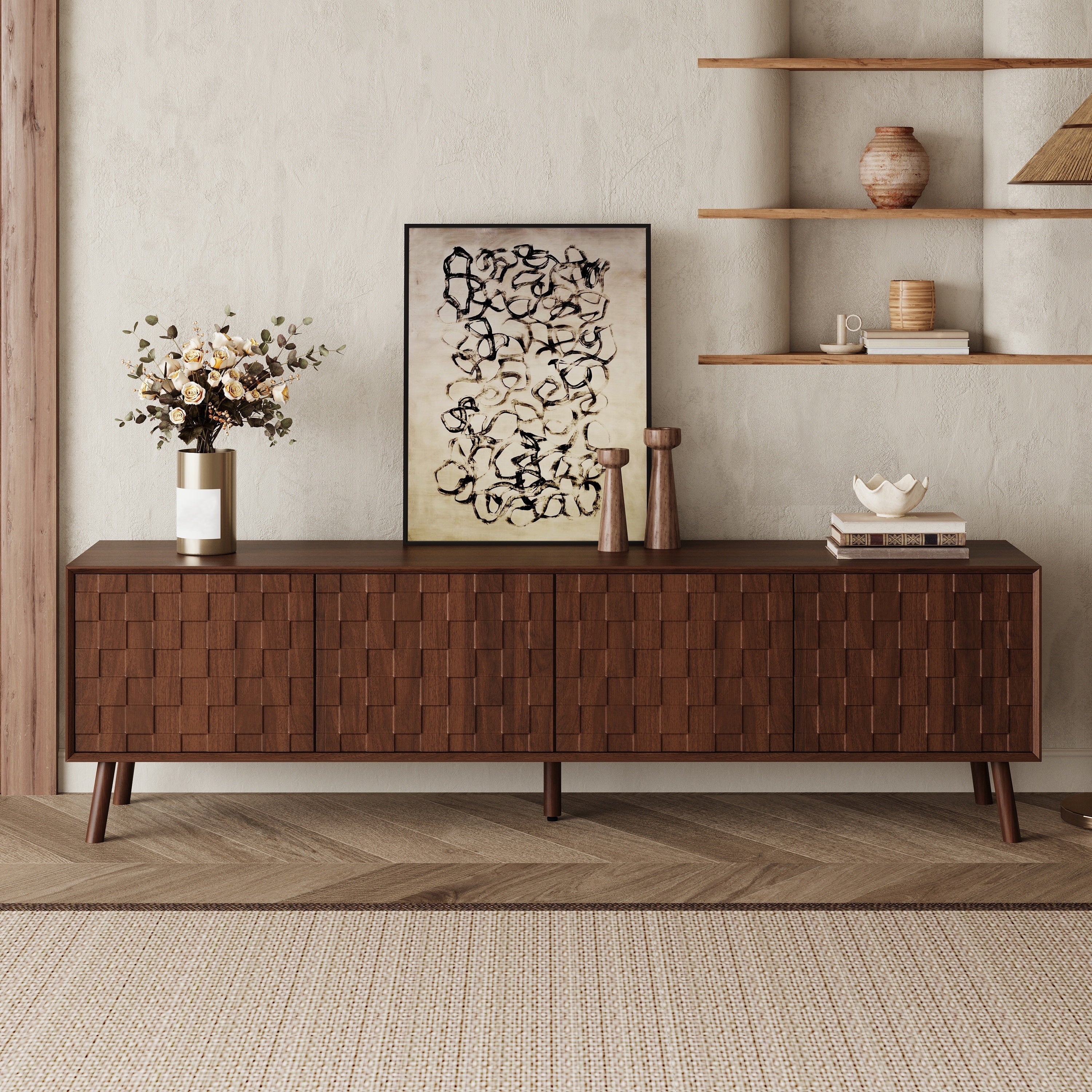 70inch Modern TV Stand for TVs up to 80 Inches with Walnut Legs - Image 2