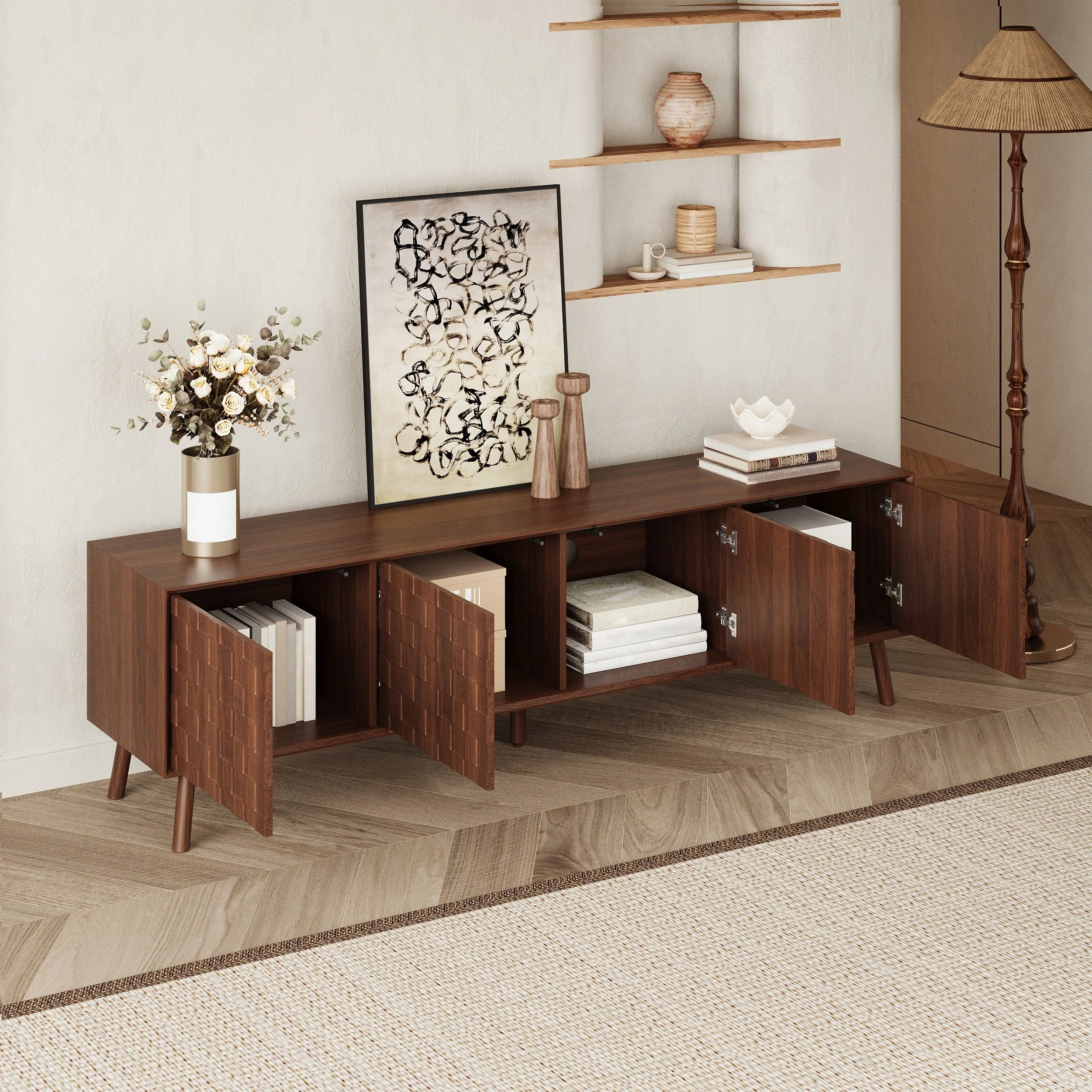 70inch Modern TV Stand for TVs up to 80 Inches with Walnut Legs - Image 4