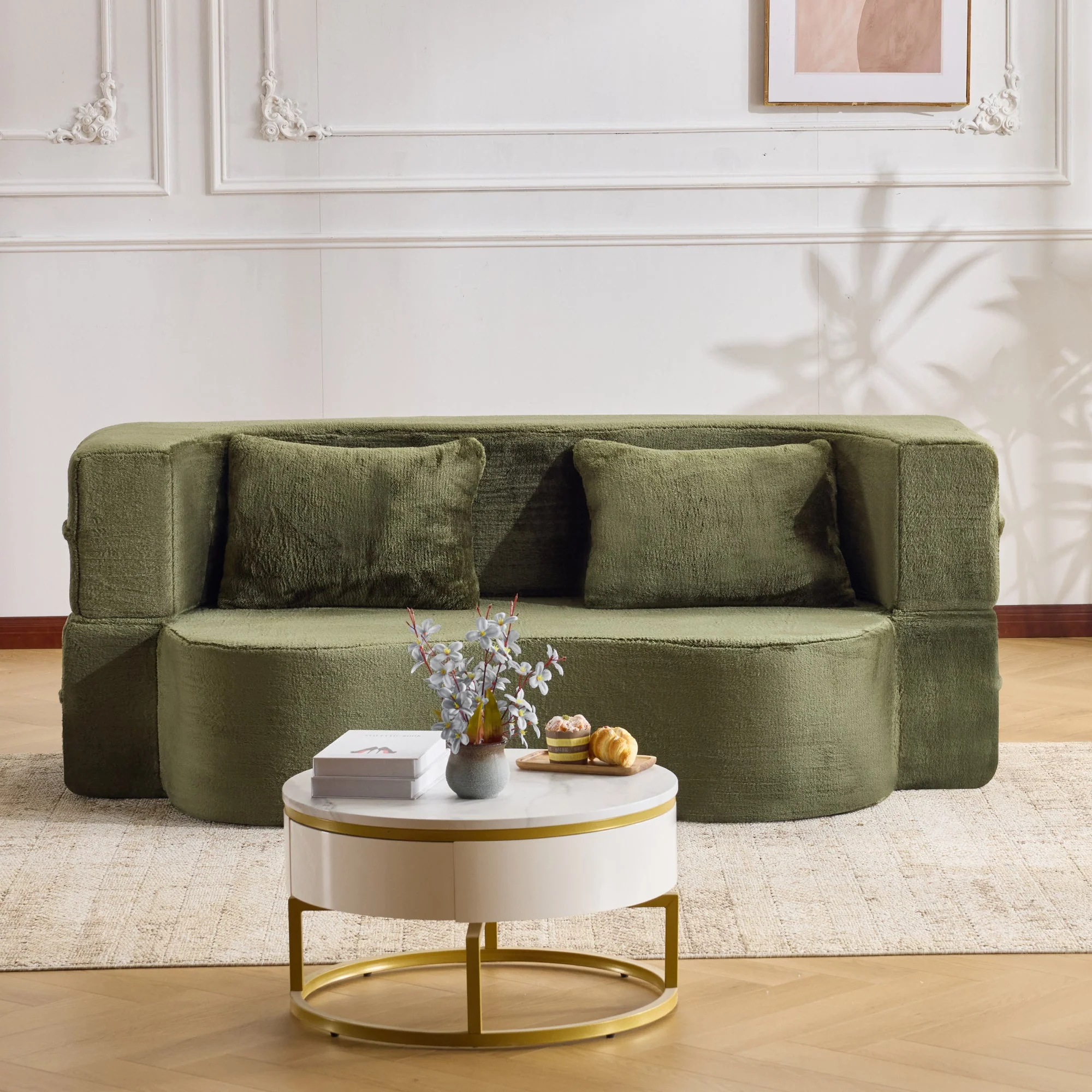 71-Inch Folding Sofa Bed in Green Plush Faux Fur - Image 10