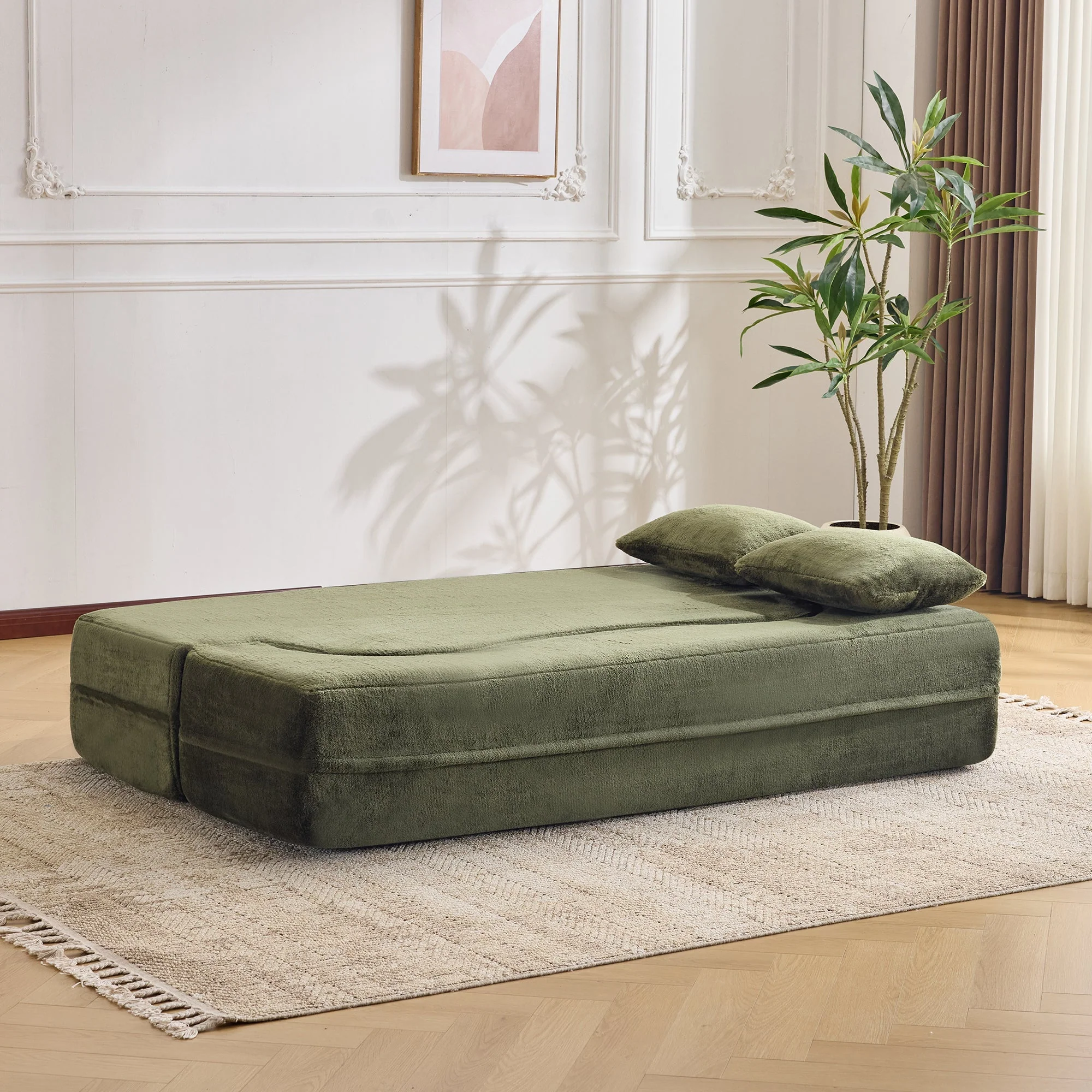 71-Inch Folding Sofa Bed in Green Plush Faux Fur - Image 11