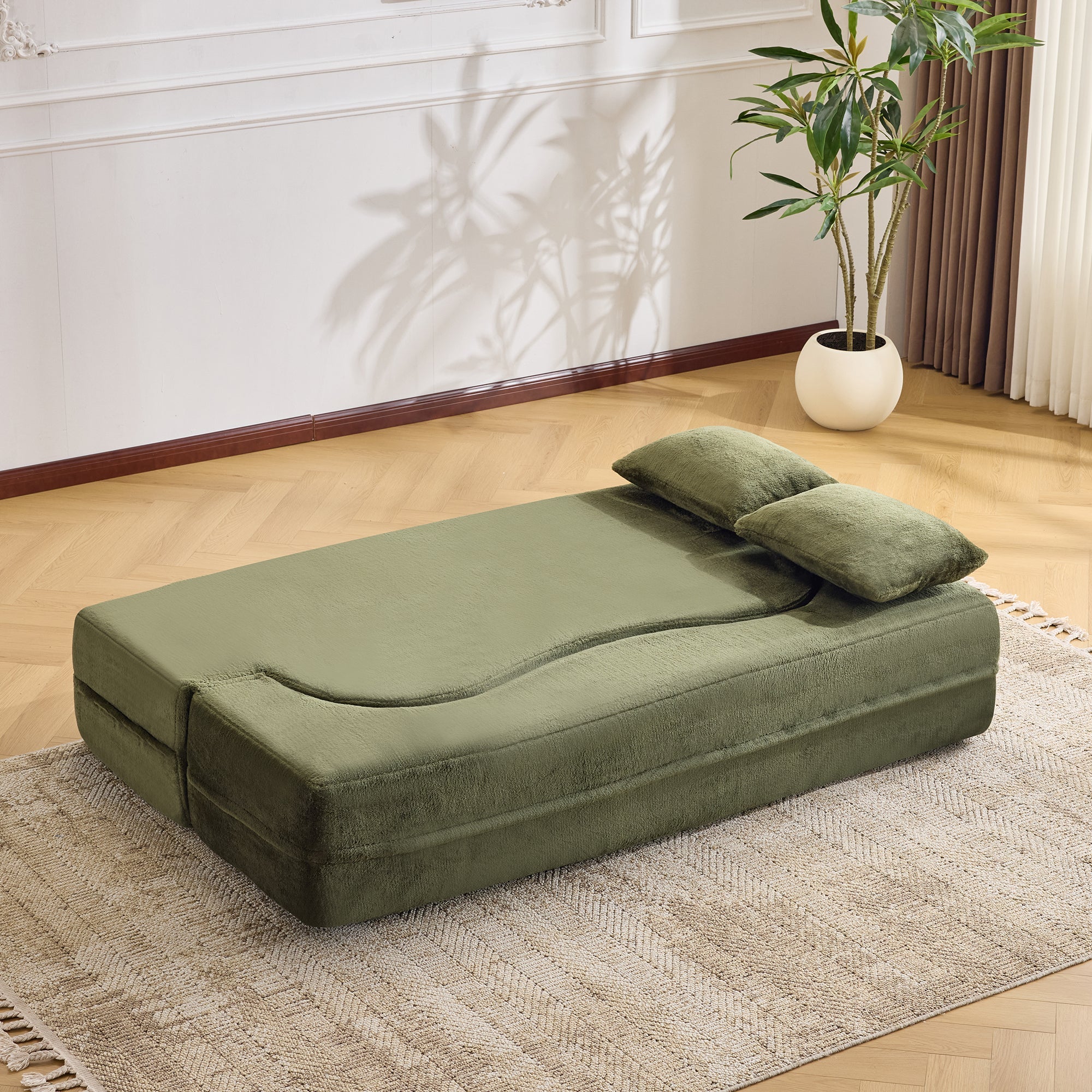 71-Inch Folding Sofa Bed in Green Plush Faux Fur - Image 12