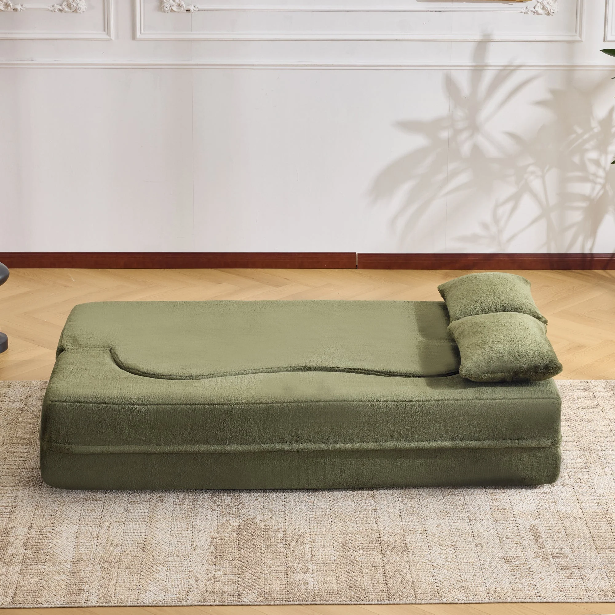 71-Inch Folding Sofa Bed in Green Plush Faux Fur - Image 13