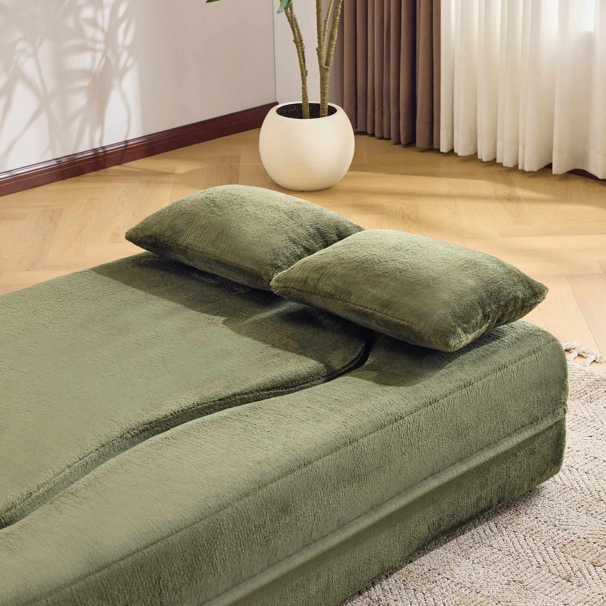 71-Inch Folding Sofa Bed in Green Plush Faux Fur - Image 14