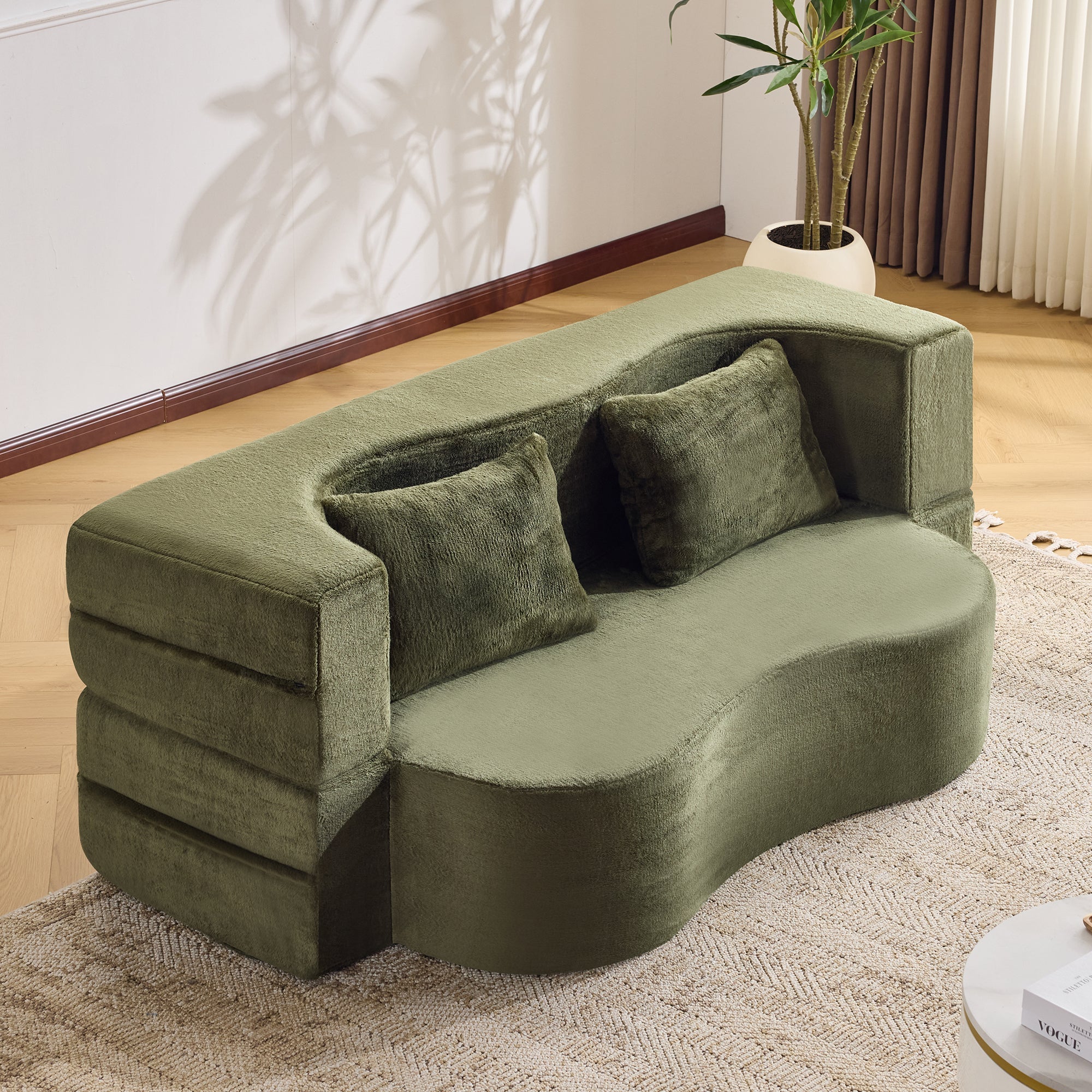 71-Inch Folding Sofa Bed in Green Plush Faux Fur - Image 16