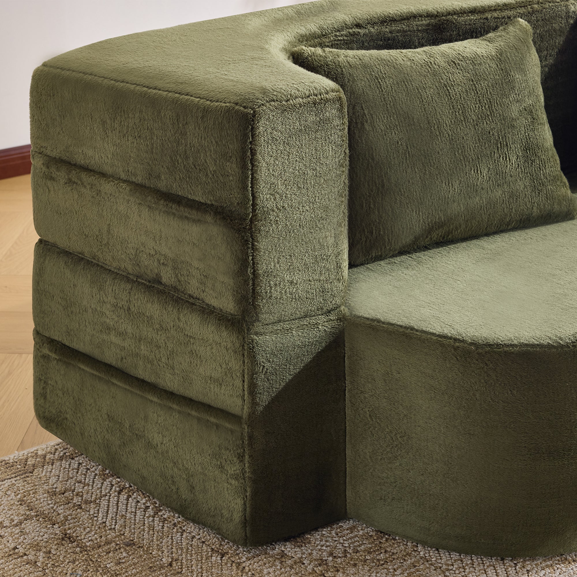 71-Inch Folding Sofa Bed in Green Plush Faux Fur - Image 18
