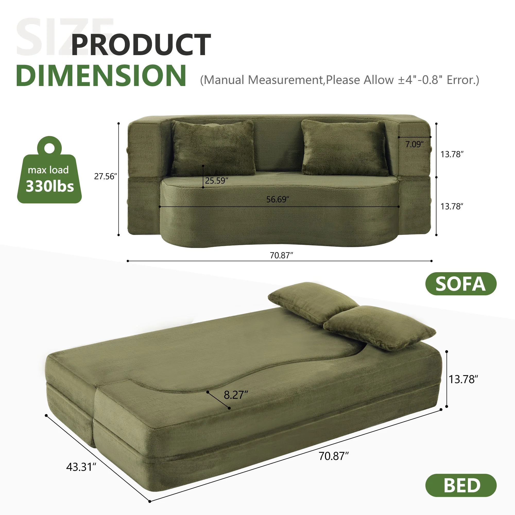 71-Inch Folding Sofa Bed in Green Plush Faux Fur - Image 2