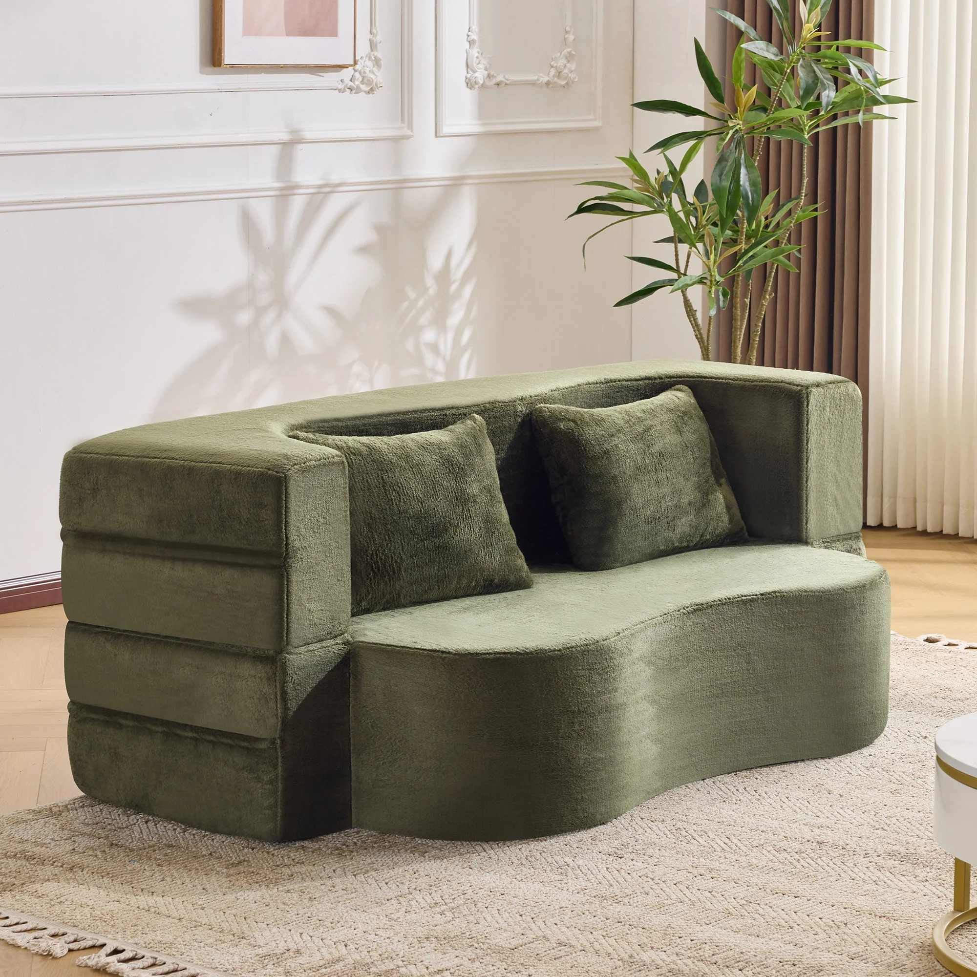 71-Inch Folding Sofa Bed in Green Plush Faux Fur - Image 20