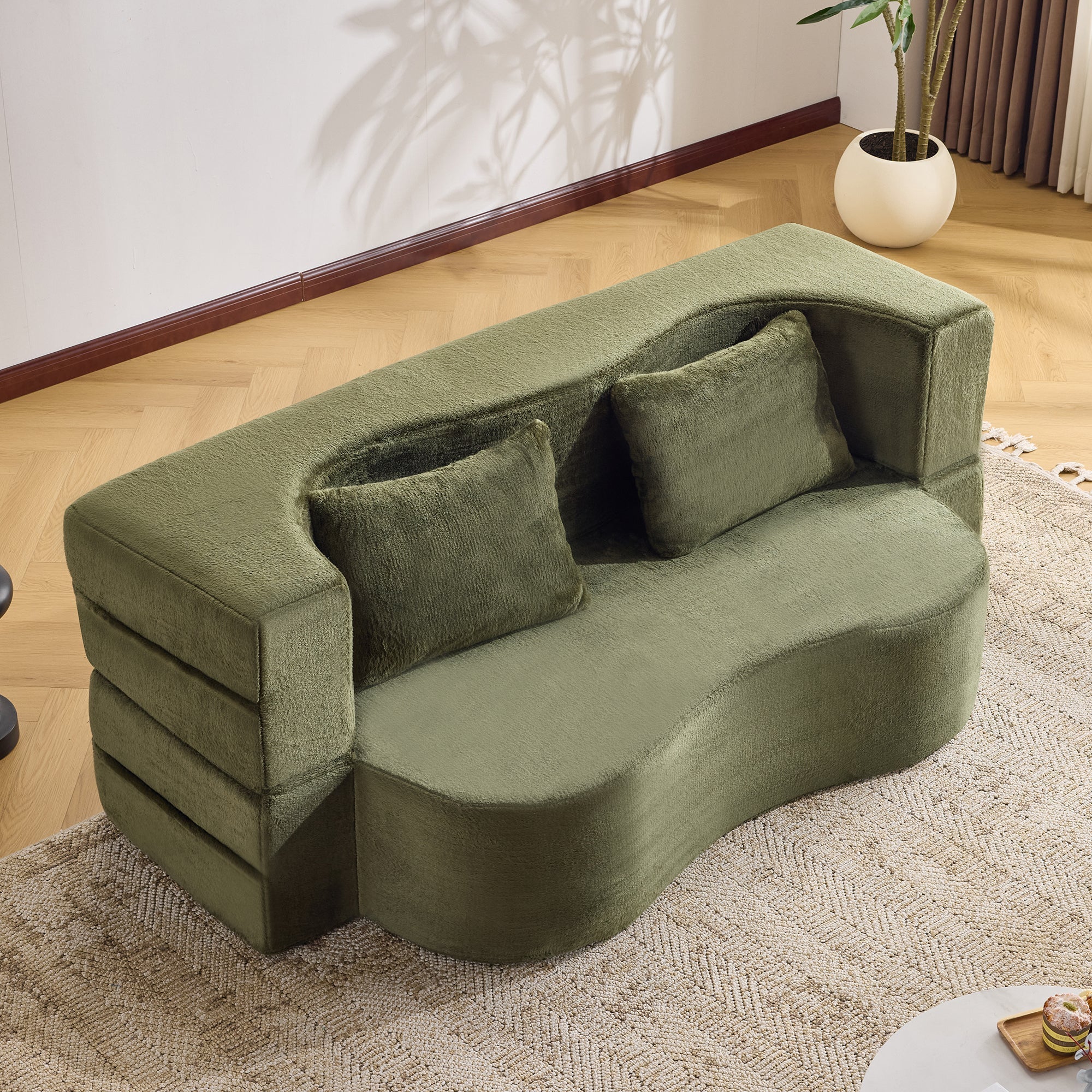 71-Inch Folding Sofa Bed in Green Plush Faux Fur - Image 21
