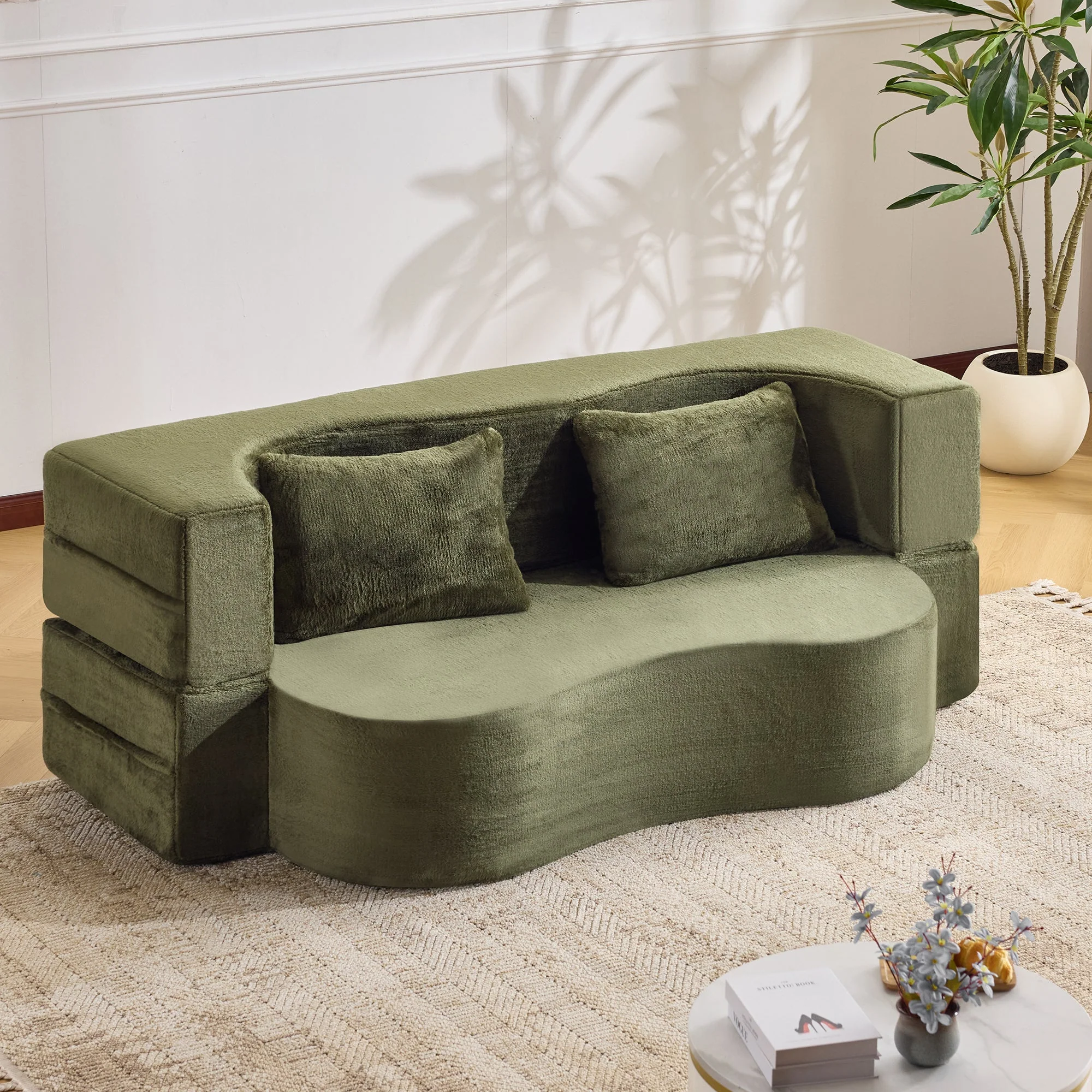 71-Inch Folding Sofa Bed in Green Plush Faux Fur - Image 25