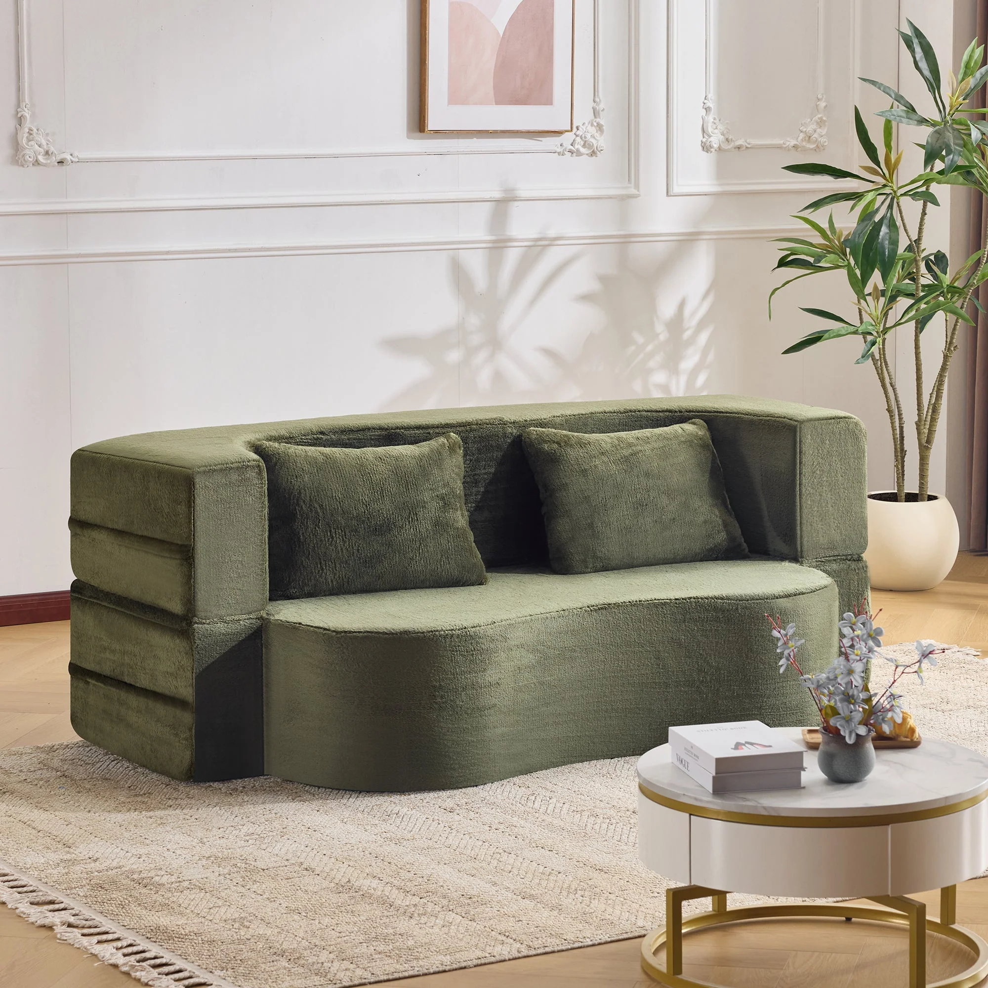 71-Inch Folding Sofa Bed in Green Plush Faux Fur - Image 26