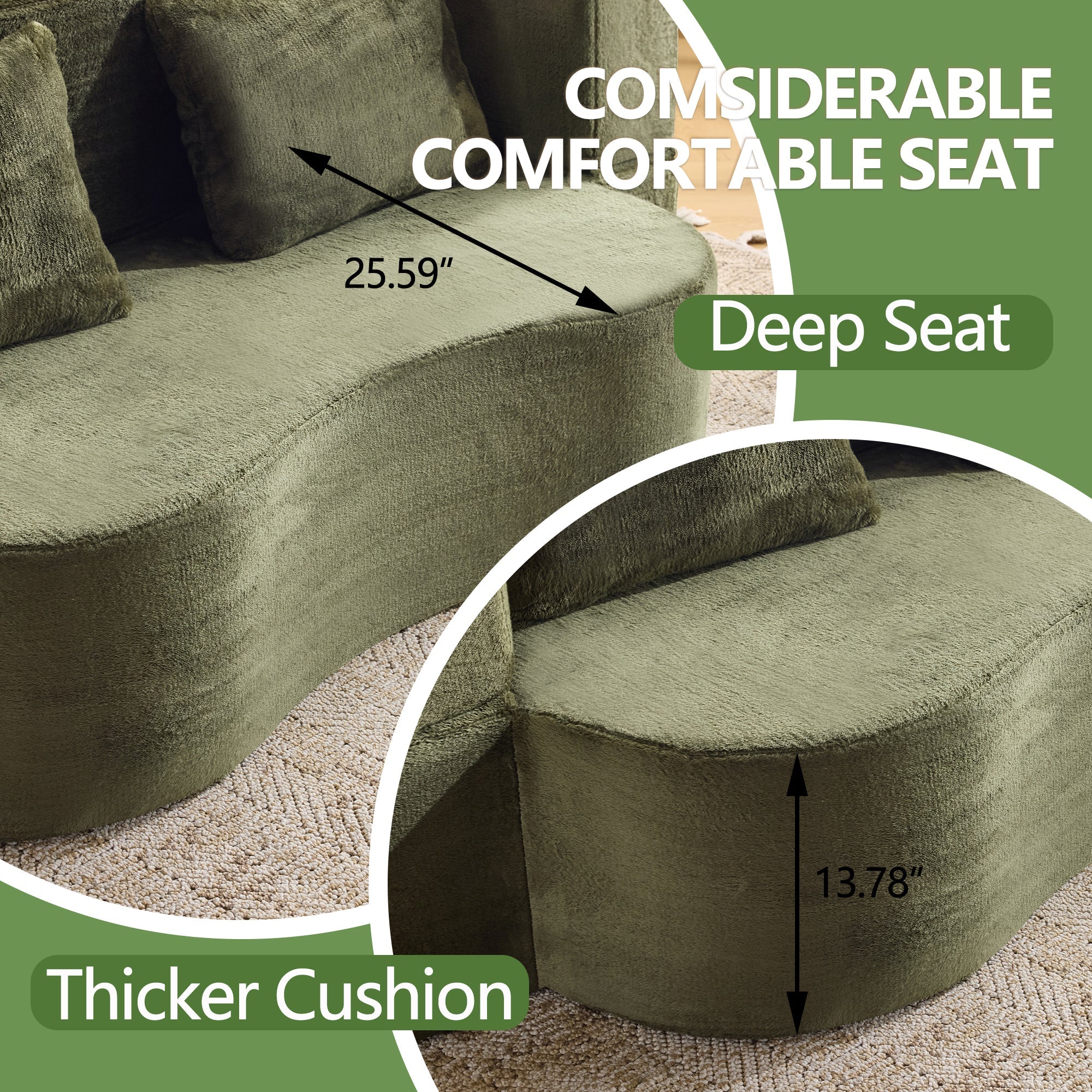 71-Inch Folding Sofa Bed in Green Plush Faux Fur - Image 3