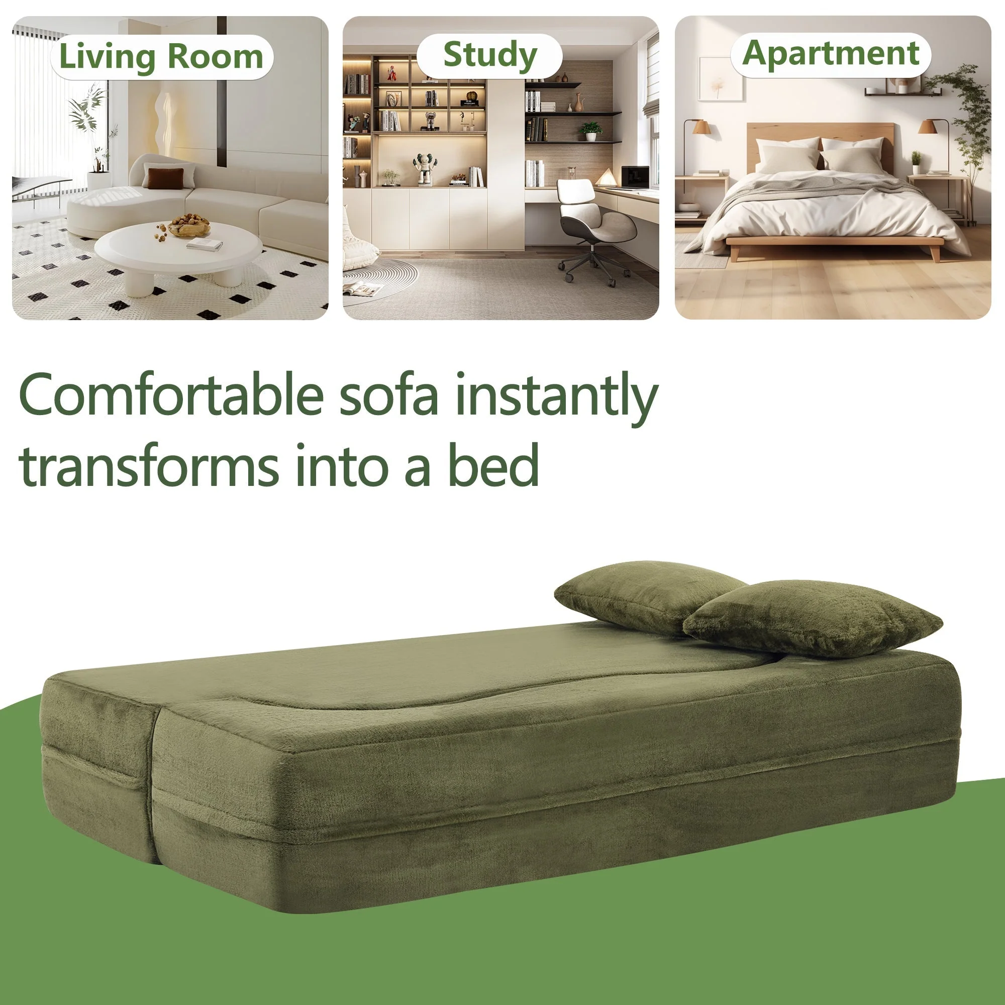 71-Inch Folding Sofa Bed in Green Plush Faux Fur - Image 4