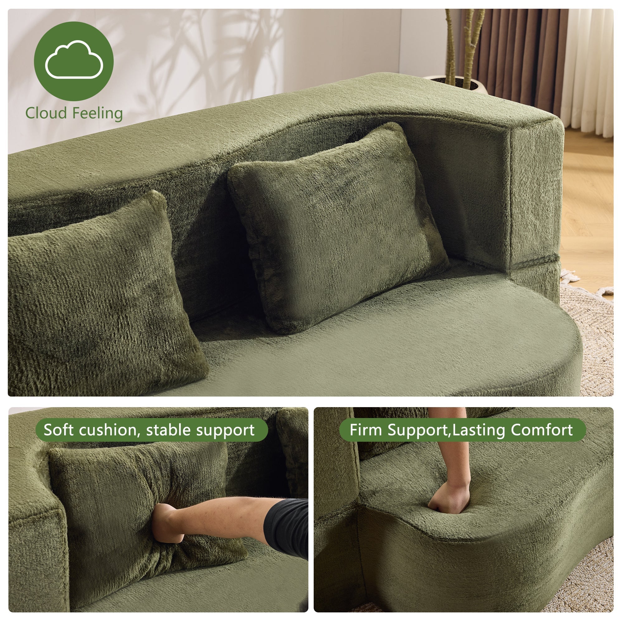 71-Inch Folding Sofa Bed in Green Plush Faux Fur - Image 5