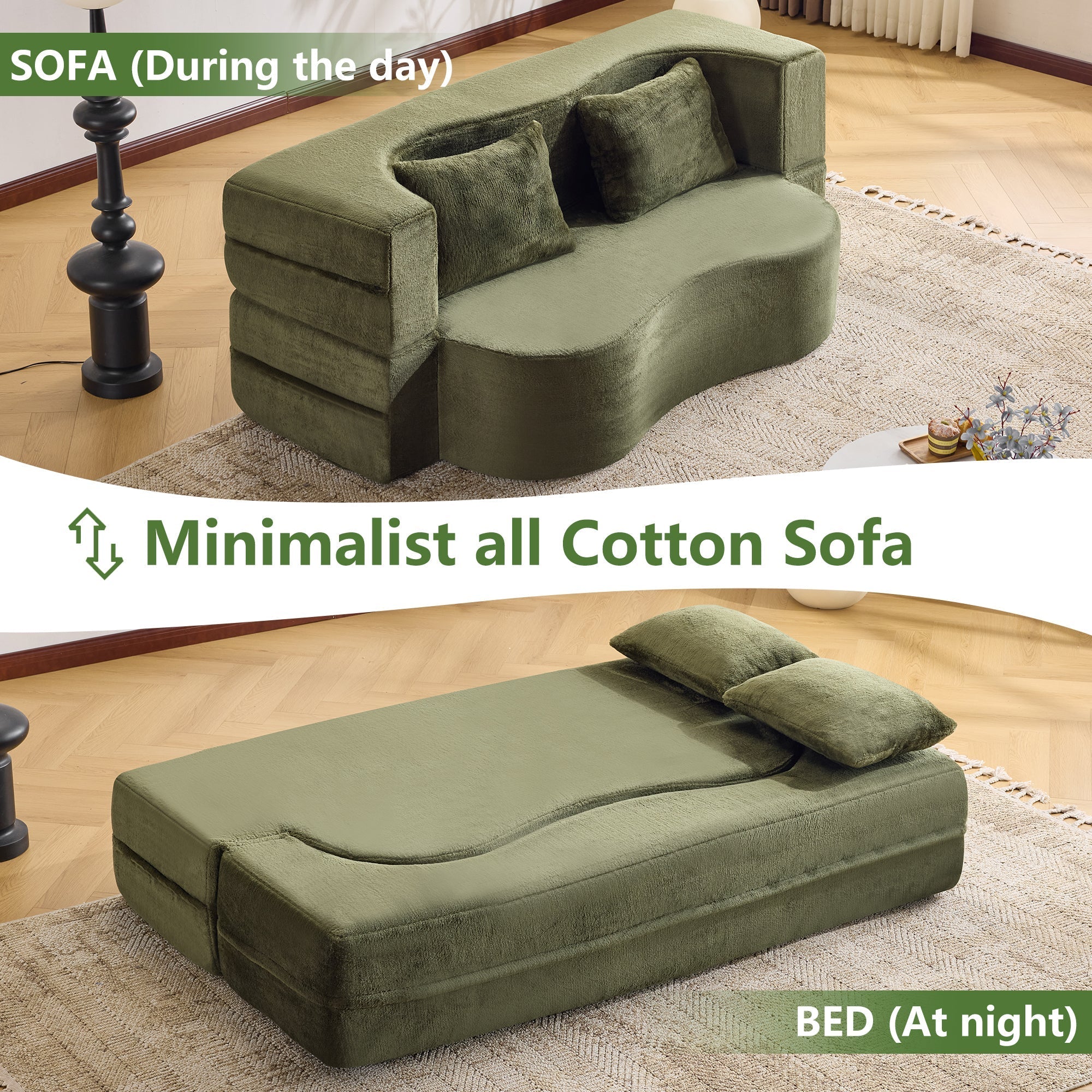 71-Inch Folding Sofa Bed in Green Plush Faux Fur - Image 8
