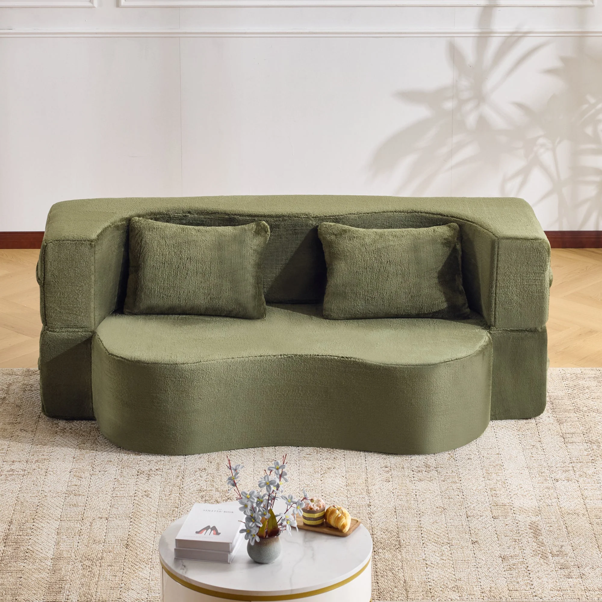 71-Inch Folding Sofa Bed in Green Plush Faux Fur - Image 9