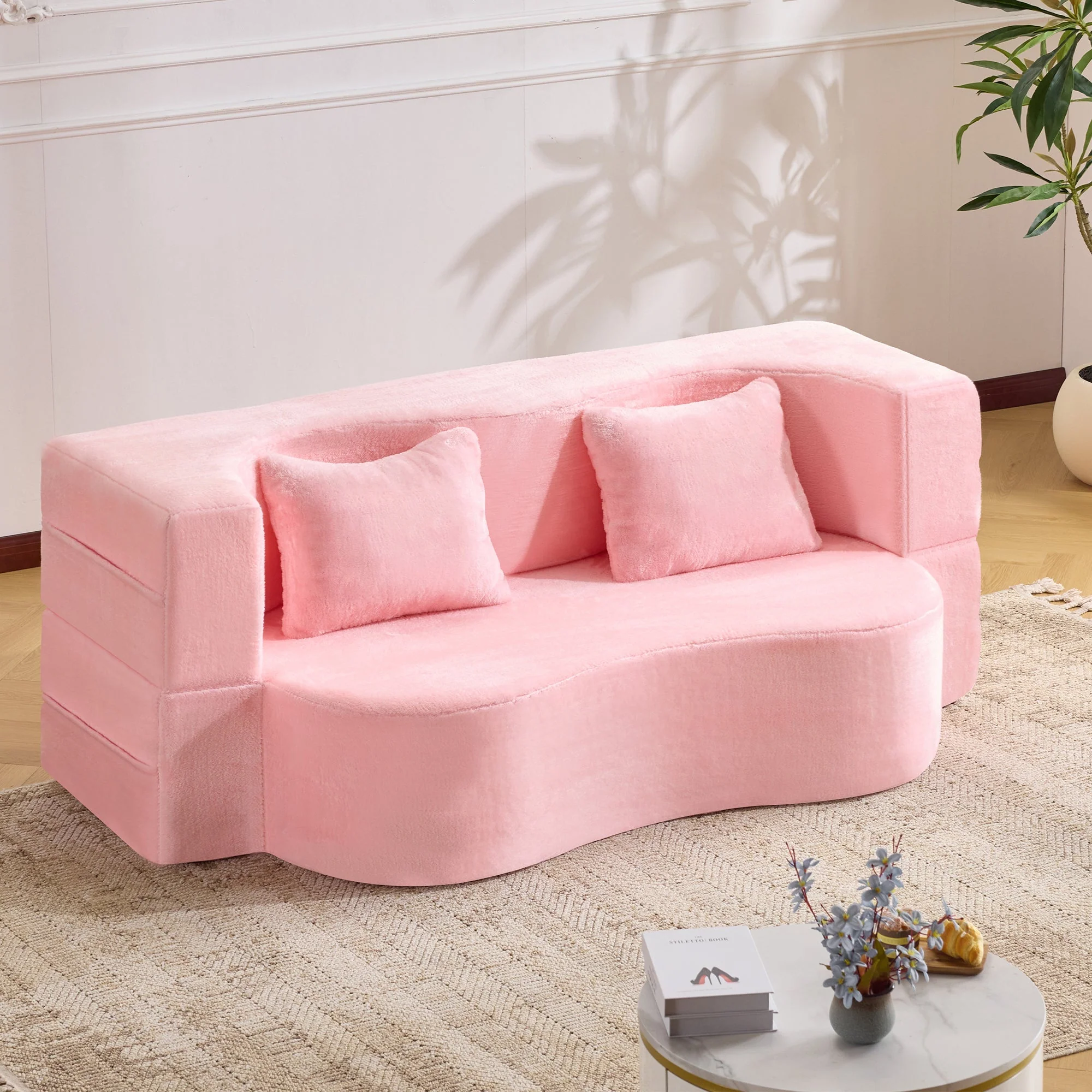 71-Inch Folding Sofa Bed in Pink Chenille with High-Density Foam - Image 10
