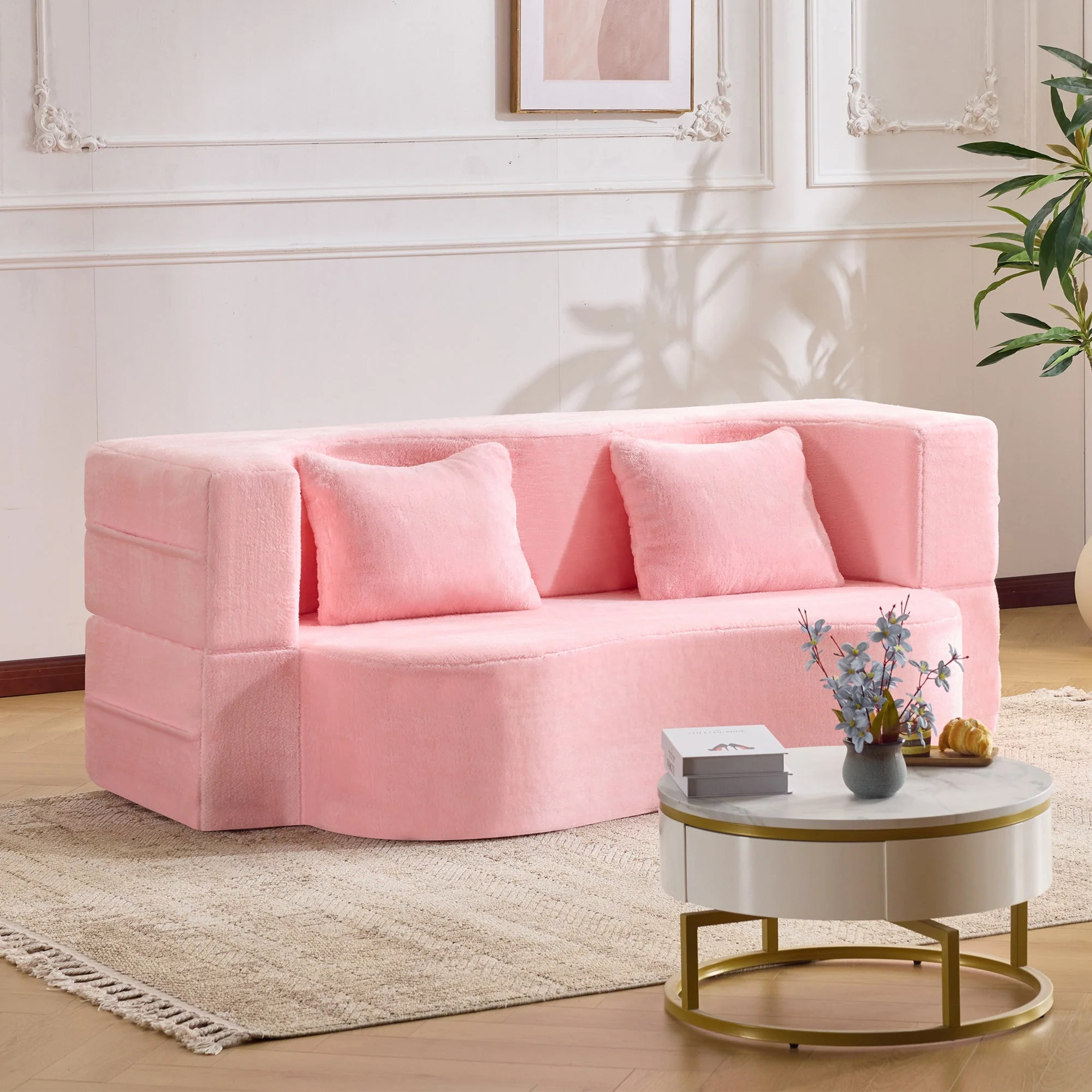 71-Inch Folding Sofa Bed in Pink Chenille with High-Density Foam - Image 12